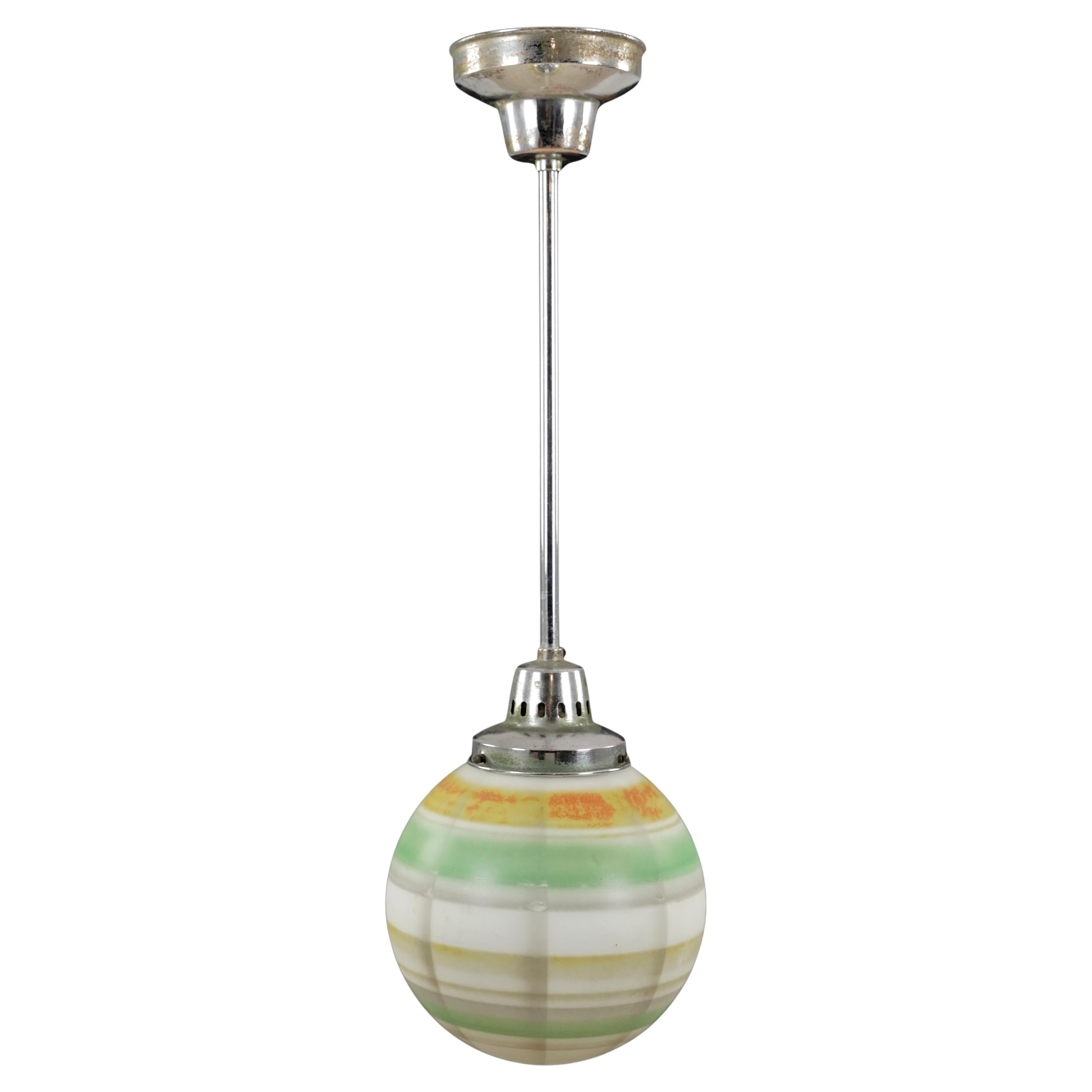 MCM Striped Glass Globe Nickel Steel Pendant Light 27.5 In. Drop For Sale