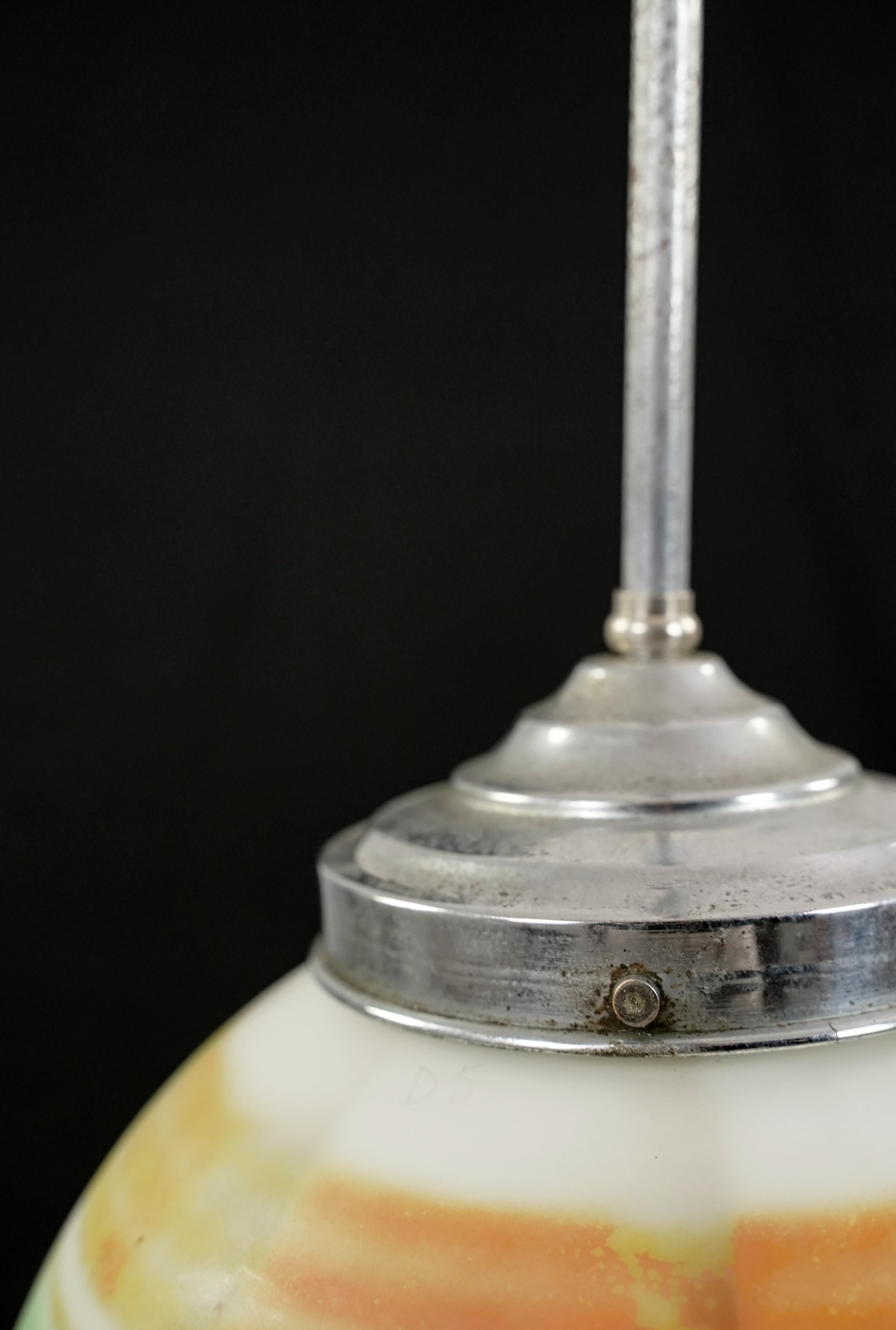 Mid-Century Modern MCM Striped Glass Globe Nickel Steel Pendant Light 34.5 in. Drop For Sale