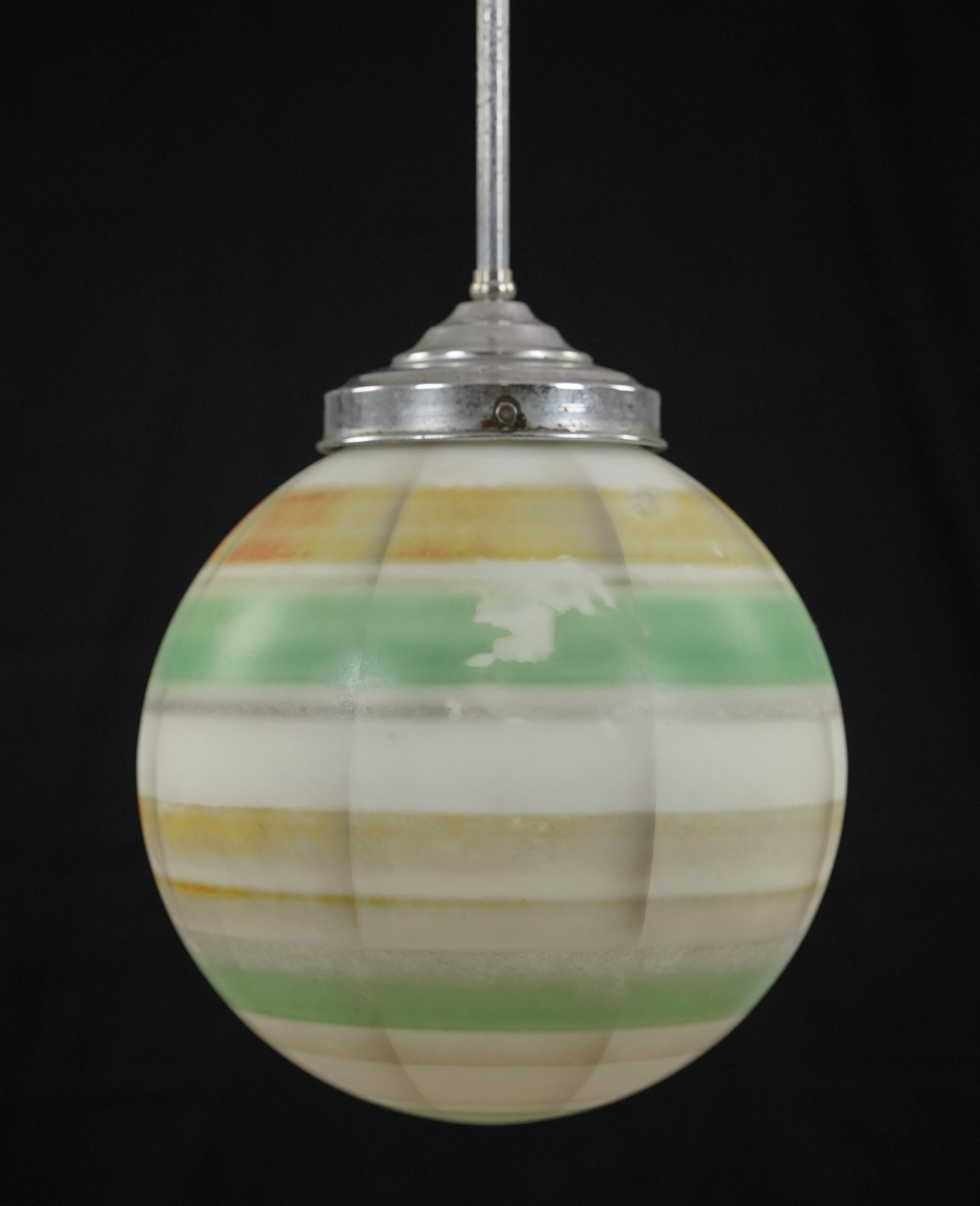 American MCM Striped Glass Globe Nickel Steel Pendant Light 34.5 in. Drop For Sale