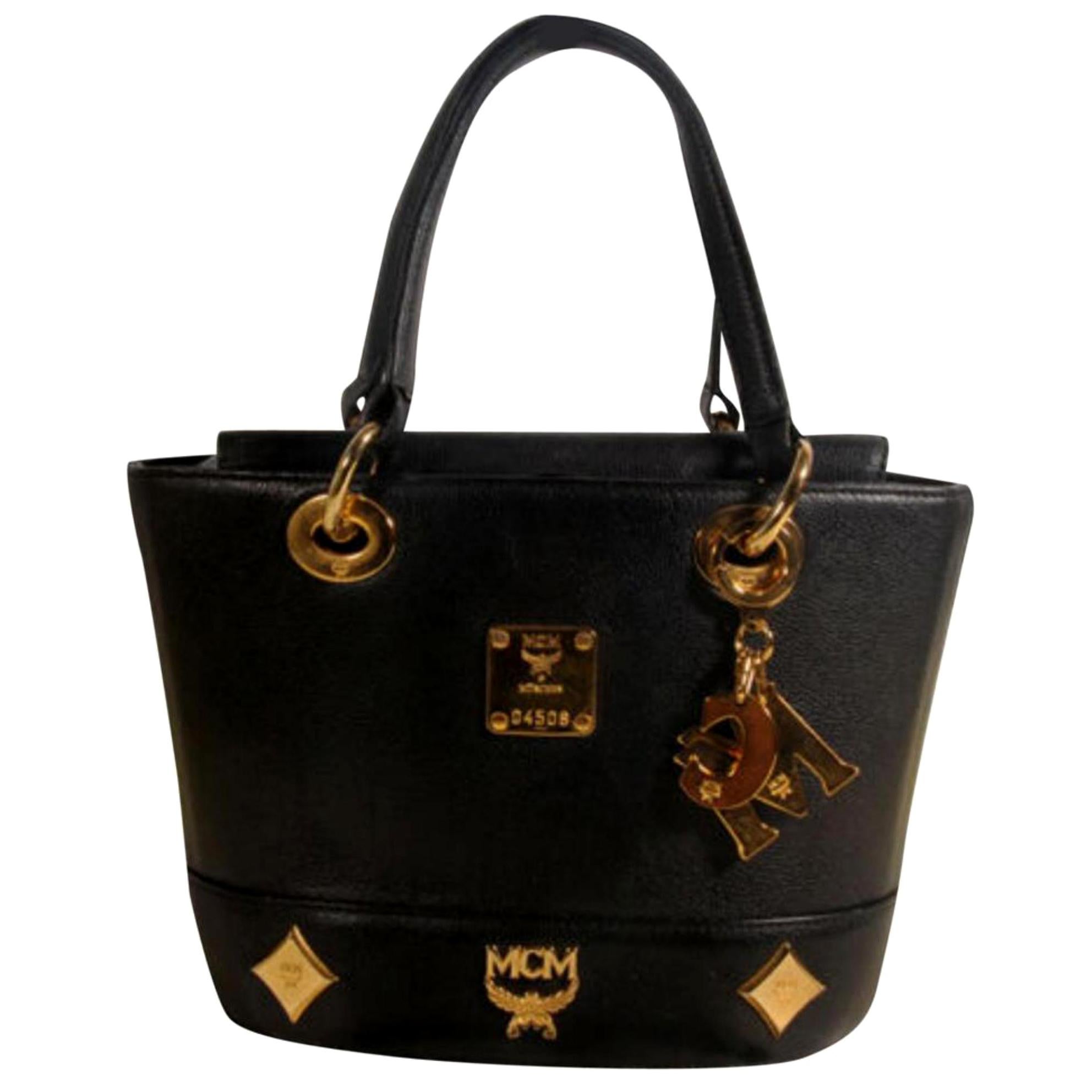 MCM Studded 869880 Black Leather Tote For Sale