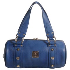 MCM Studded Barrel 868502 Blue Leather Satchel