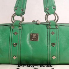 MCM Studded Barrel Boston 868838 Green Leather Tote