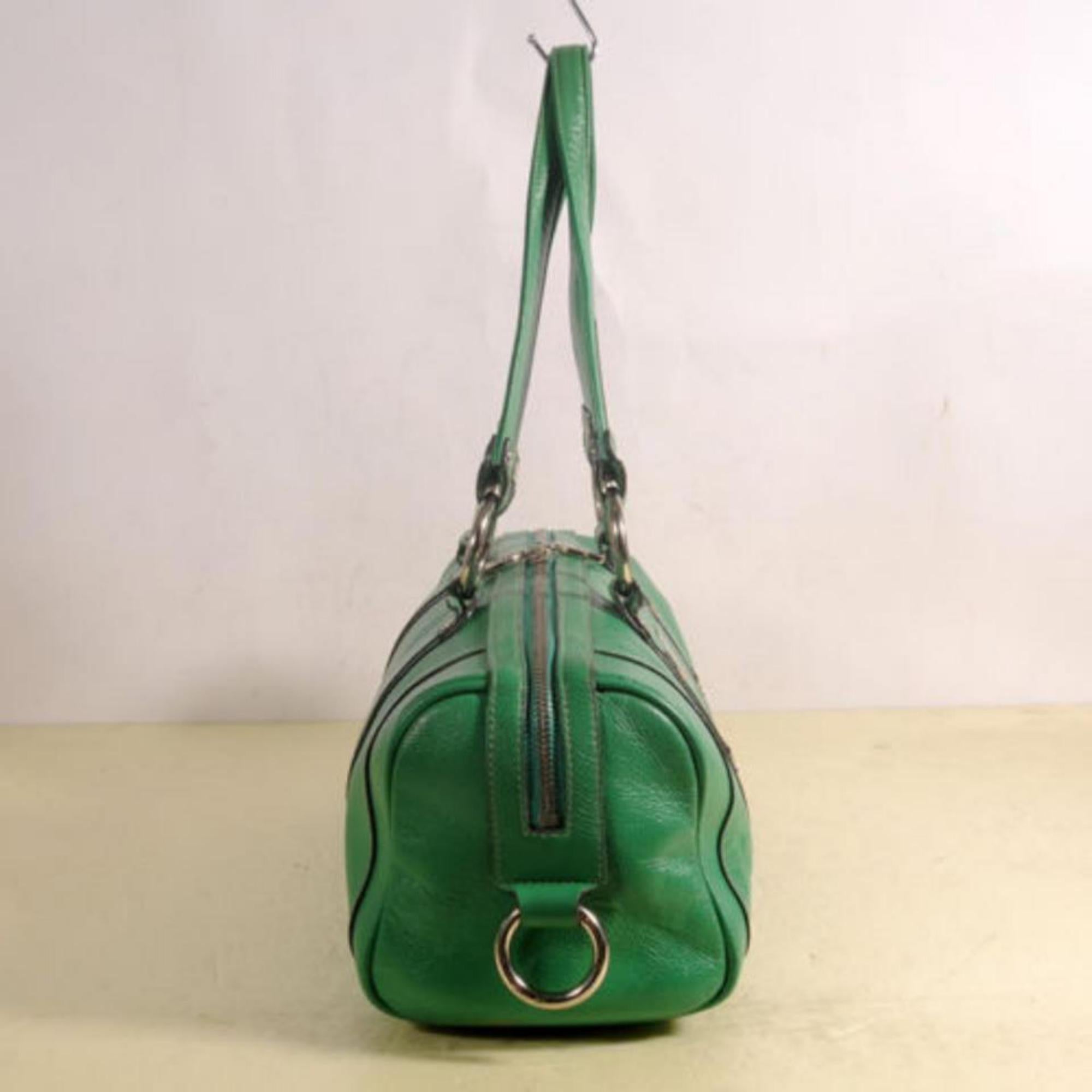 MCM Studded Barrel Boston 868838 Green Leather Tote In Good Condition For Sale In Forest Hills, NY