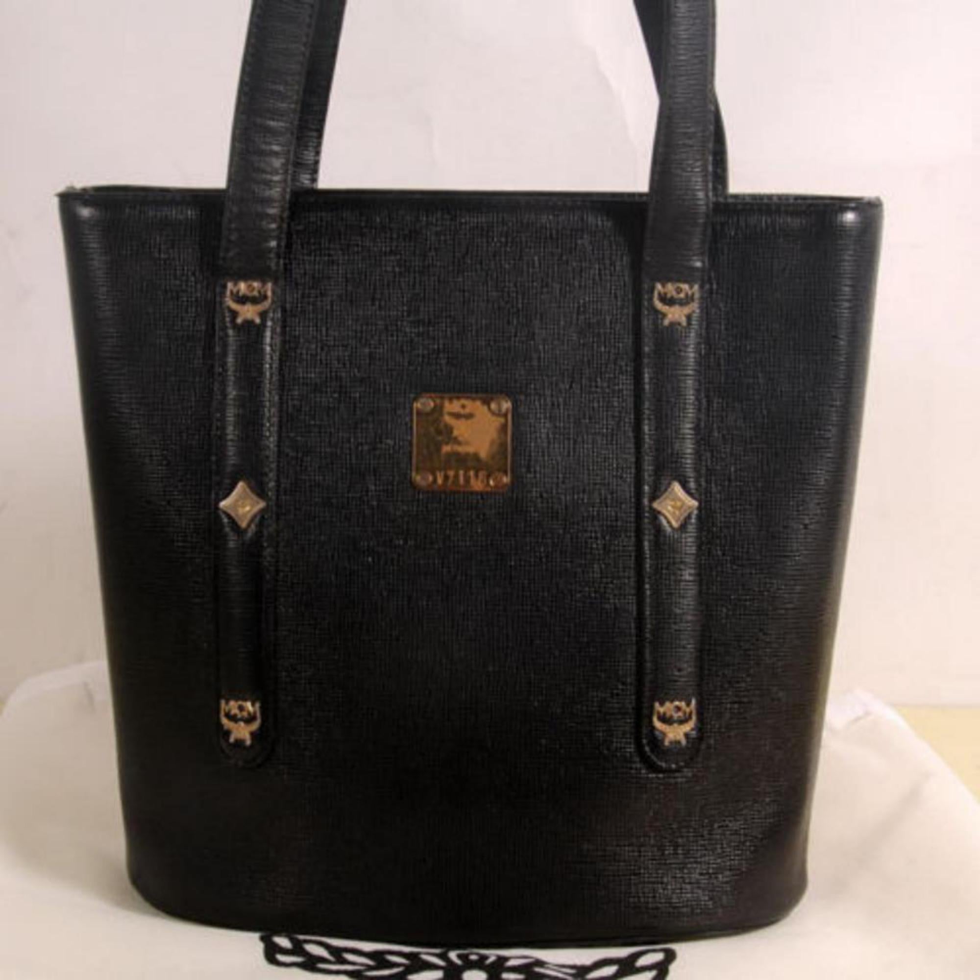 MCM Studded Bucket 868497 Black Coated Canvas Tote For Sale 4