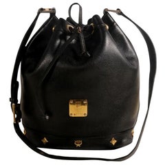 Vintage MCM Studded Bucket Drawstring Hobo 869888 Black Leather Shoulder Bag