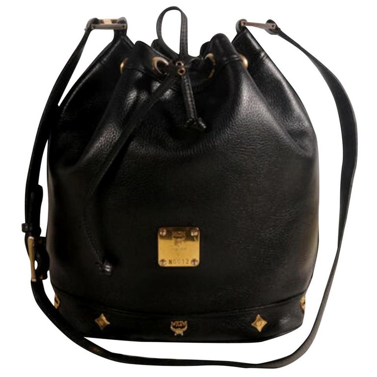 MCM Studded Bucket Drawstring Hobo 869888 Black Leather Shoulder Bag ...