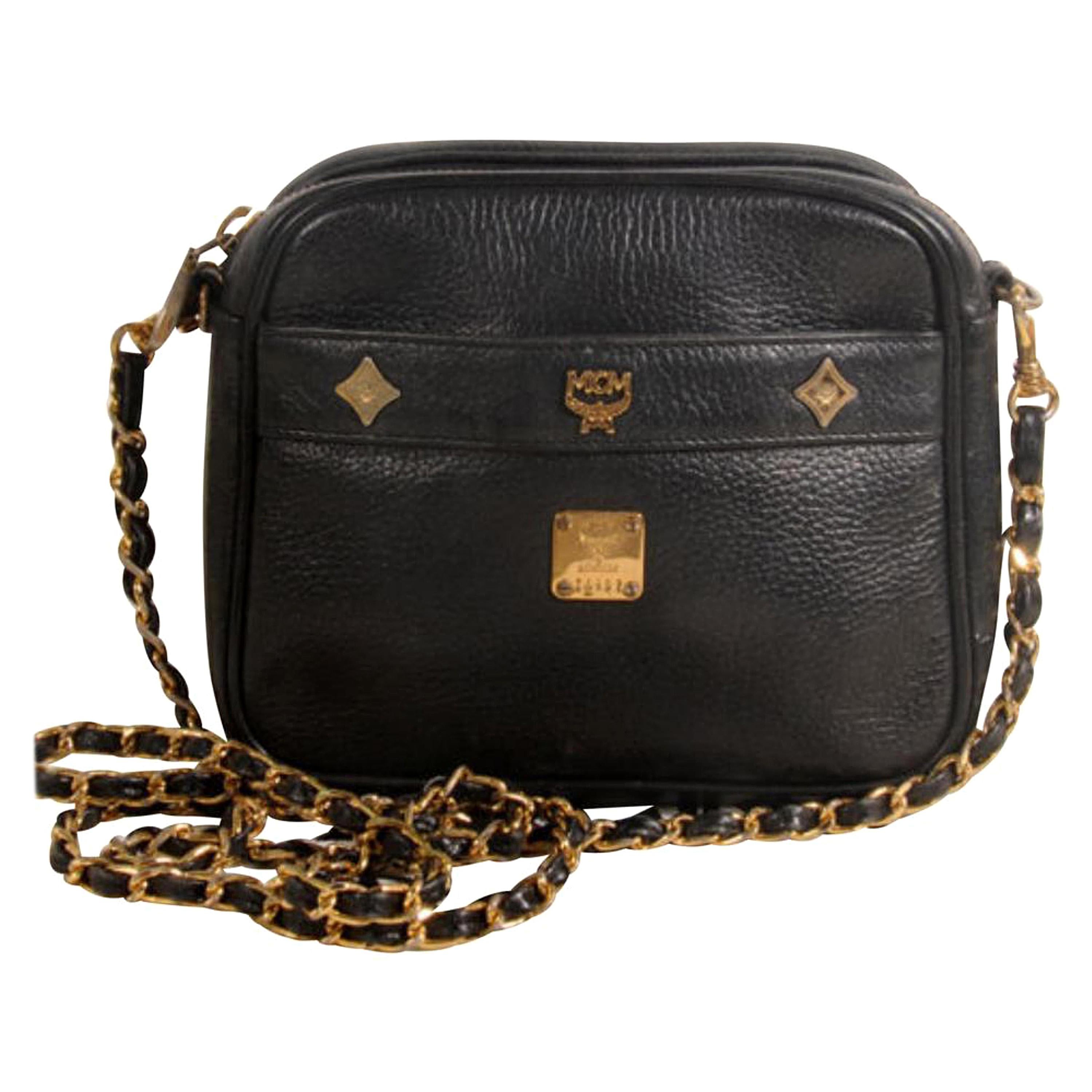 MCM Studded Camera Chain 869447 Black Leather Cross Body Bag For Sale