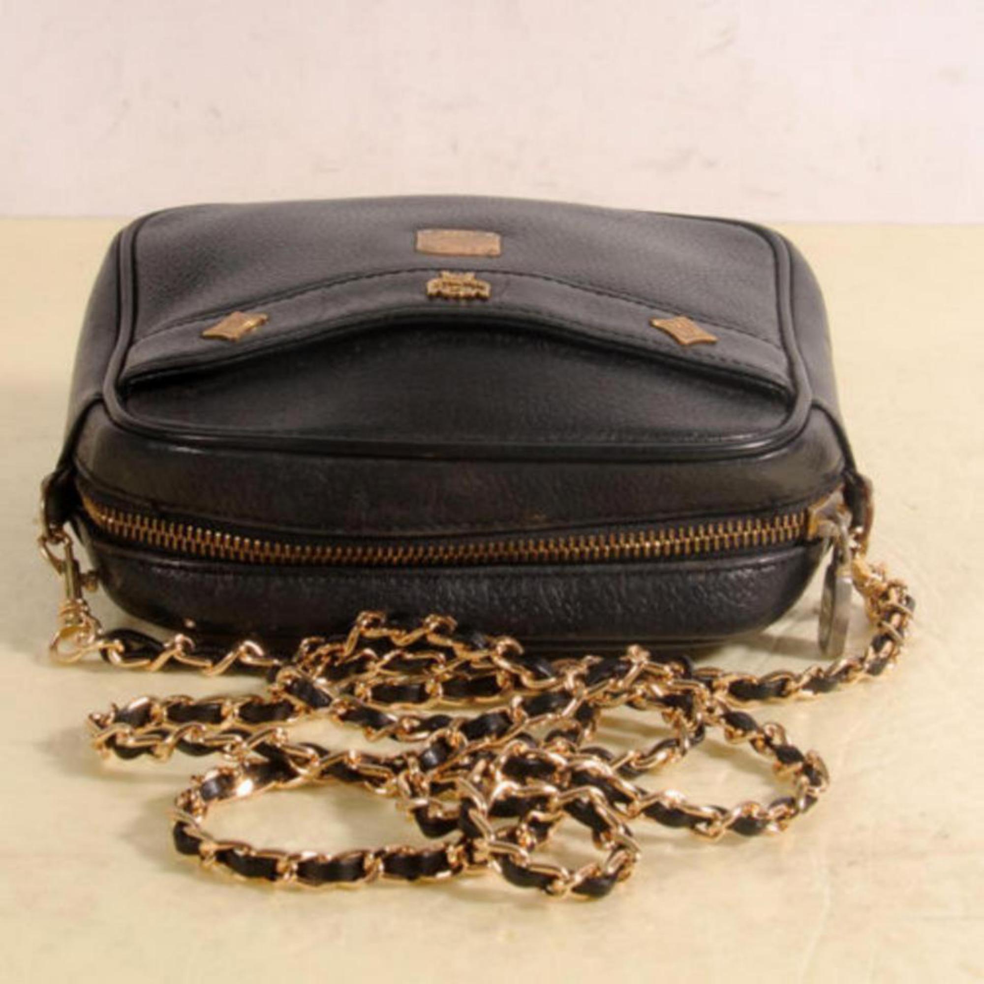 MCM Studded Camera Chain 869703 Black Leather Cross Body Bag In Good Condition For Sale In Forest Hills, NY