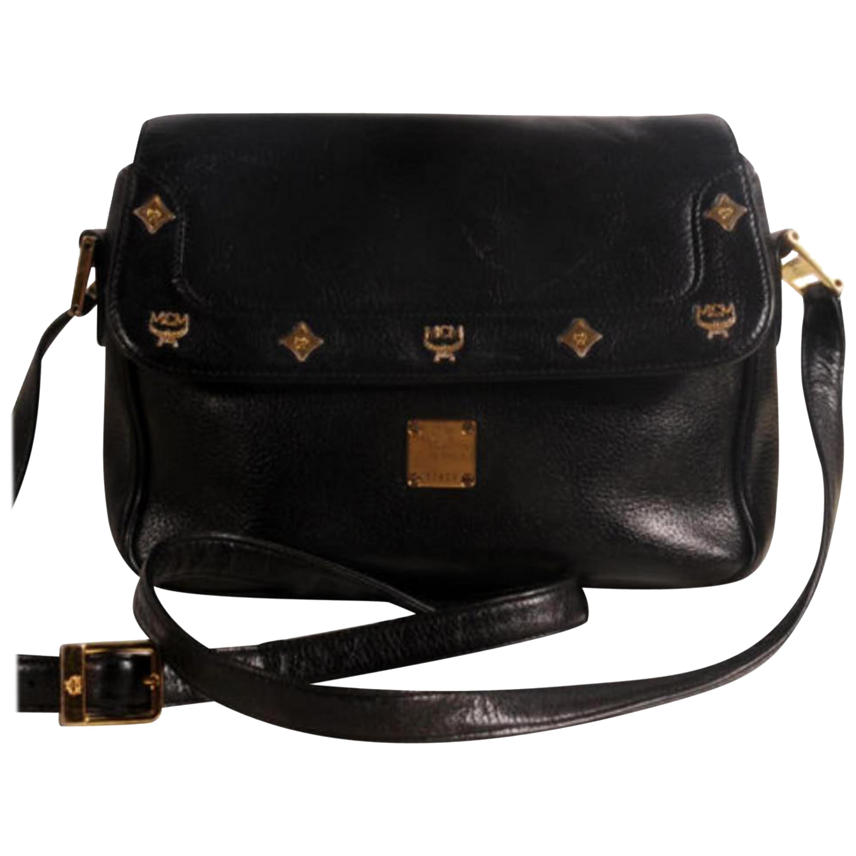 MCM Studded Camera Flap 869445 Black Leather Cross Body Bag For