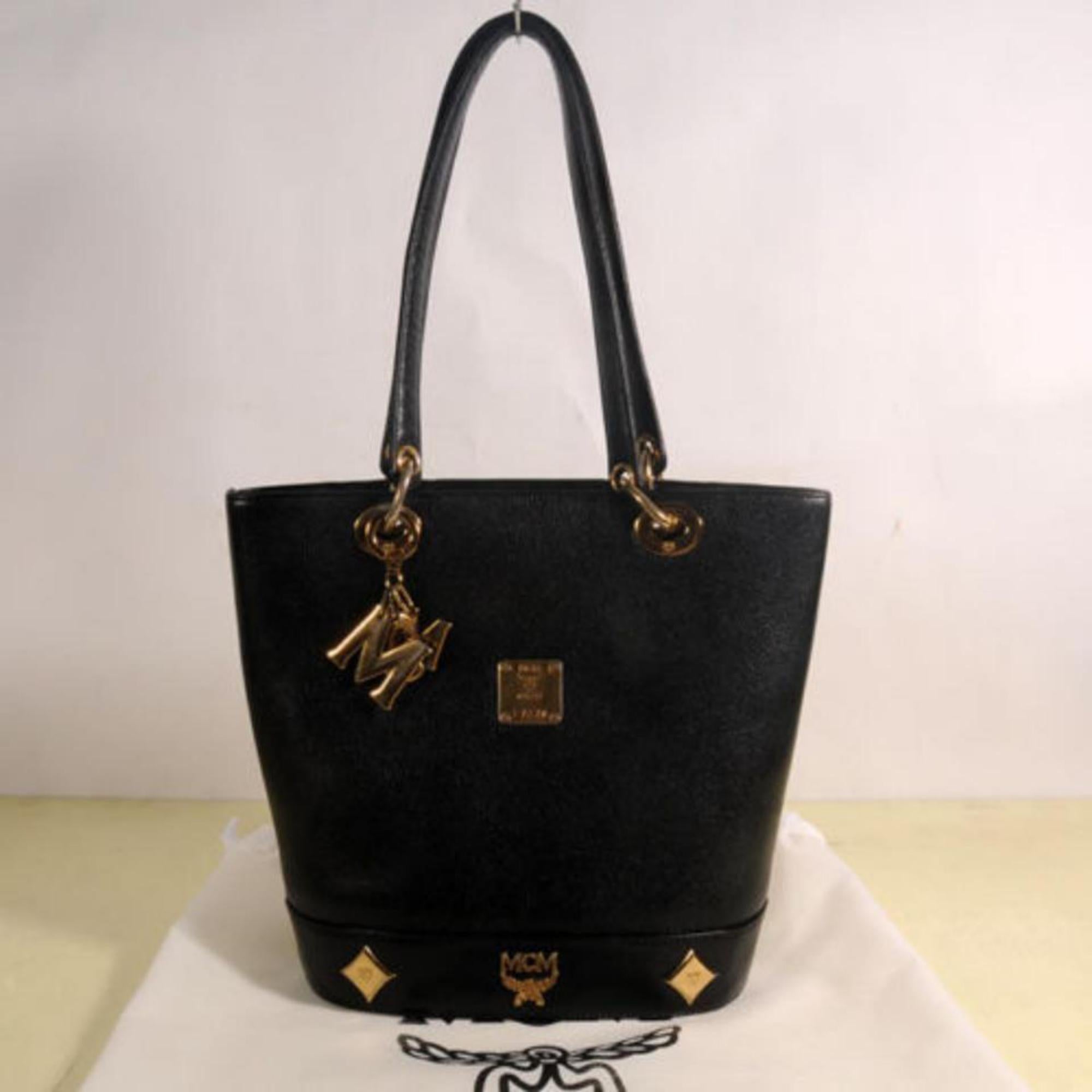 MCM Studded Charm Tote 869443 Black Leather Shoulder Bag For Sale 6