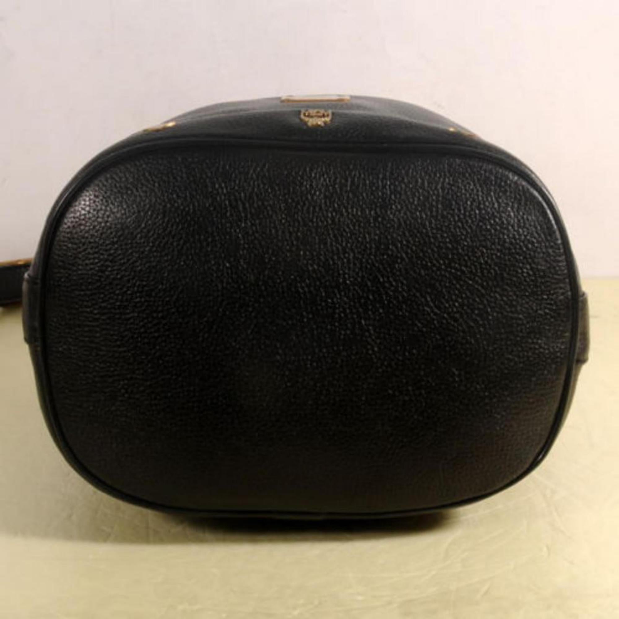 MCM Studded Drawstring Bucket 868499 Black Leather Cross Body Bag For Sale 8