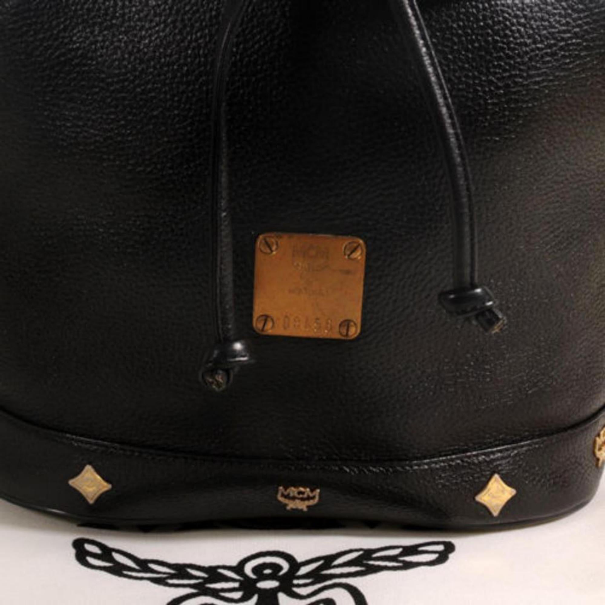 MCM Studded Drawstring Bucket 868499 Black Leather Cross Body Bag In Good Condition For Sale In Forest Hills, NY