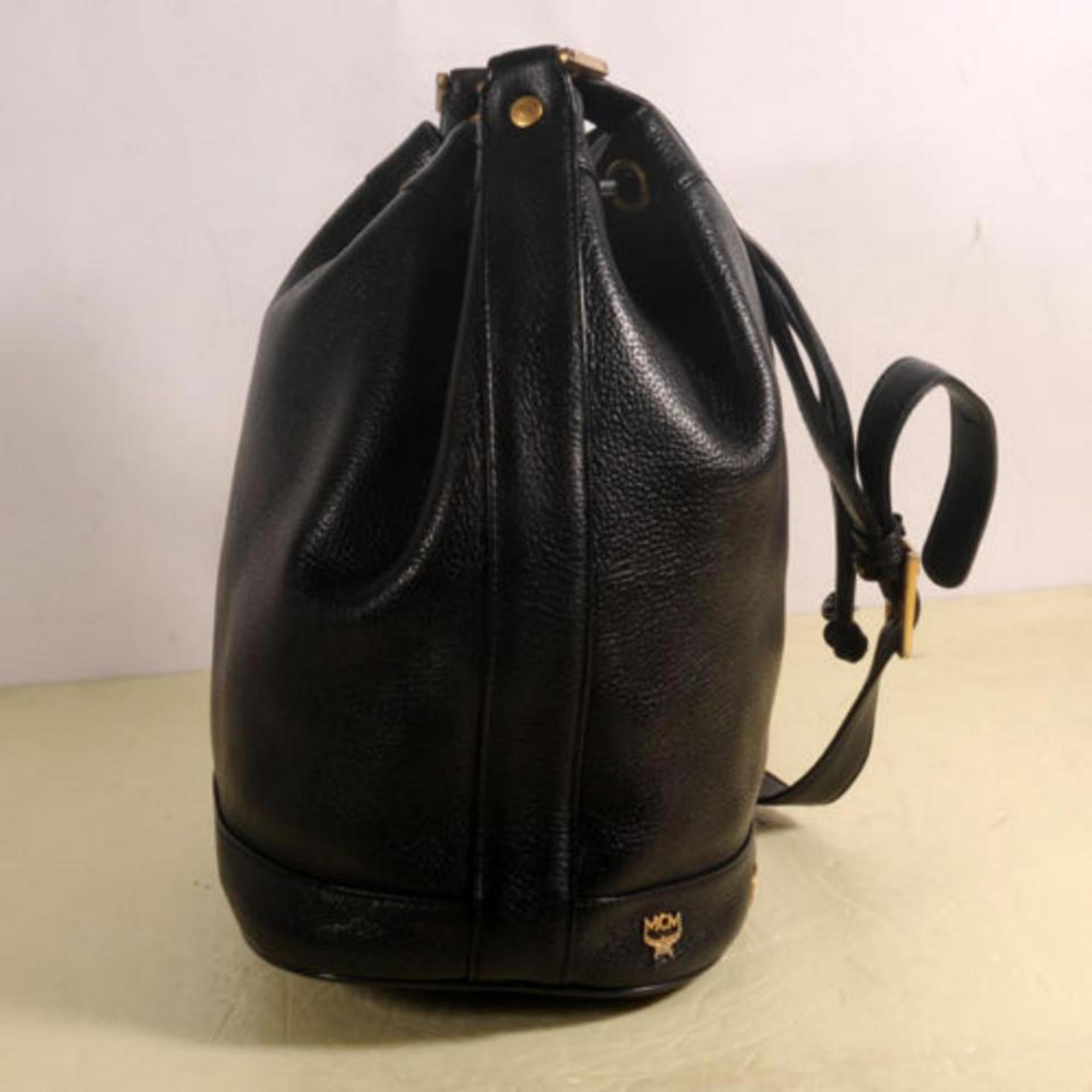 MCM Studded Drawstring Bucket 868499 Black Leather Cross Body Bag For Sale 4
