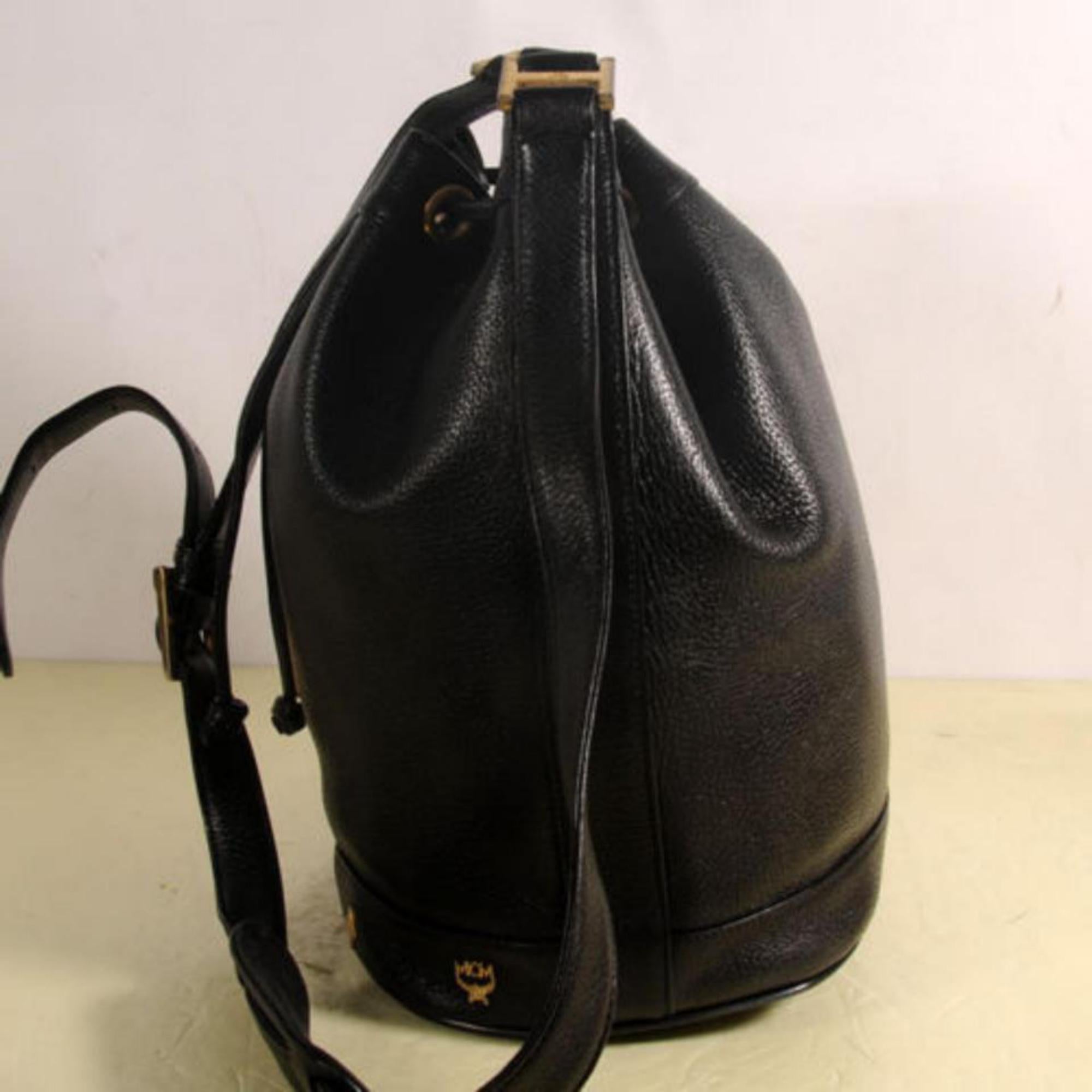 MCM Studded Drawstring Bucket 868499 Black Leather Cross Body Bag For Sale 5