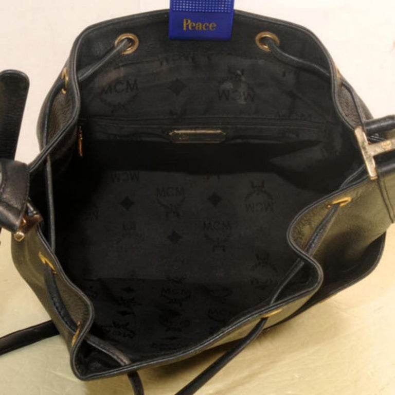 MCM Studded Drawstring Bucket Hobo 869452 Black Leather Shoulder Bag