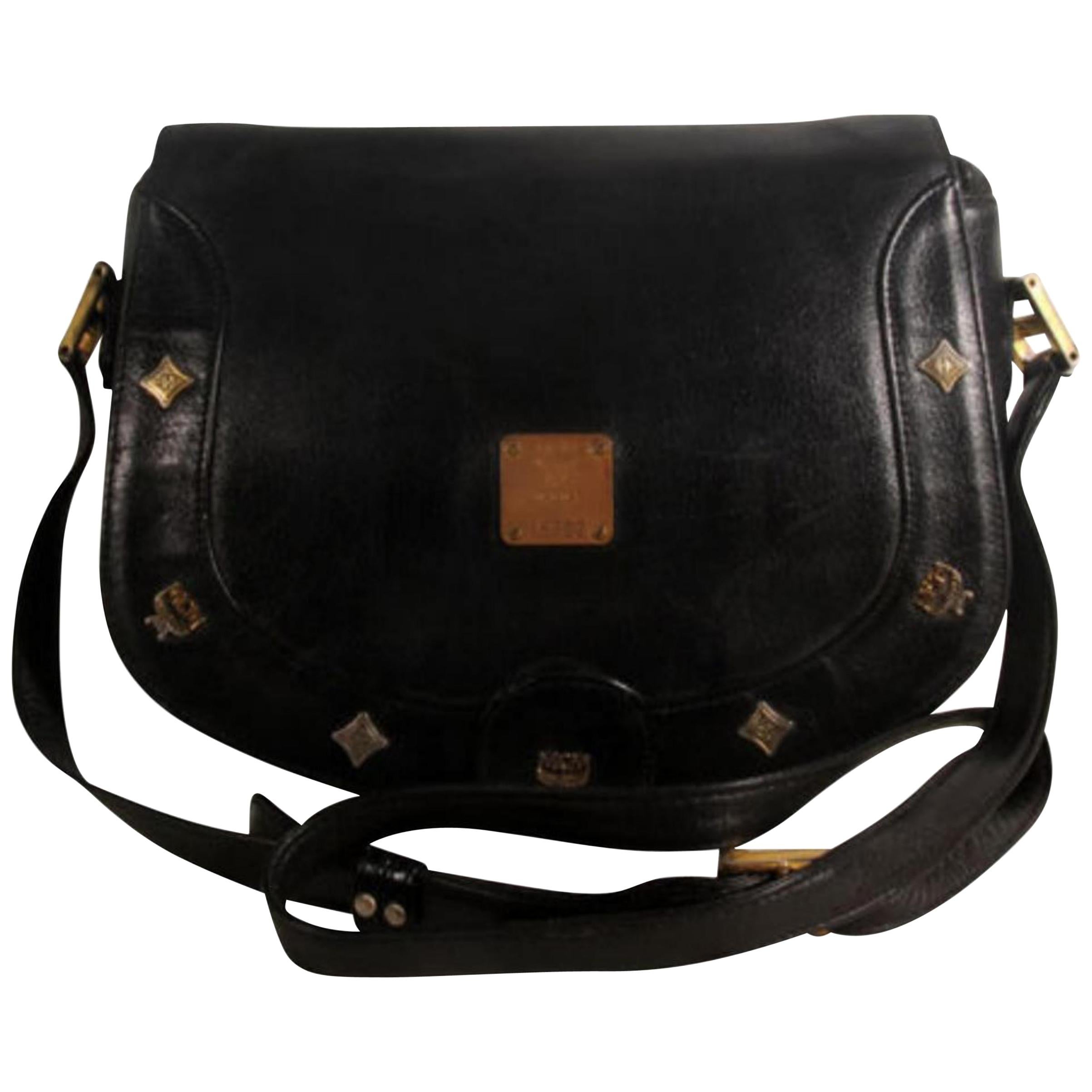 MCM Studded Messenger Cross Body 868826 Black Leather Shoulder Bag For Sale