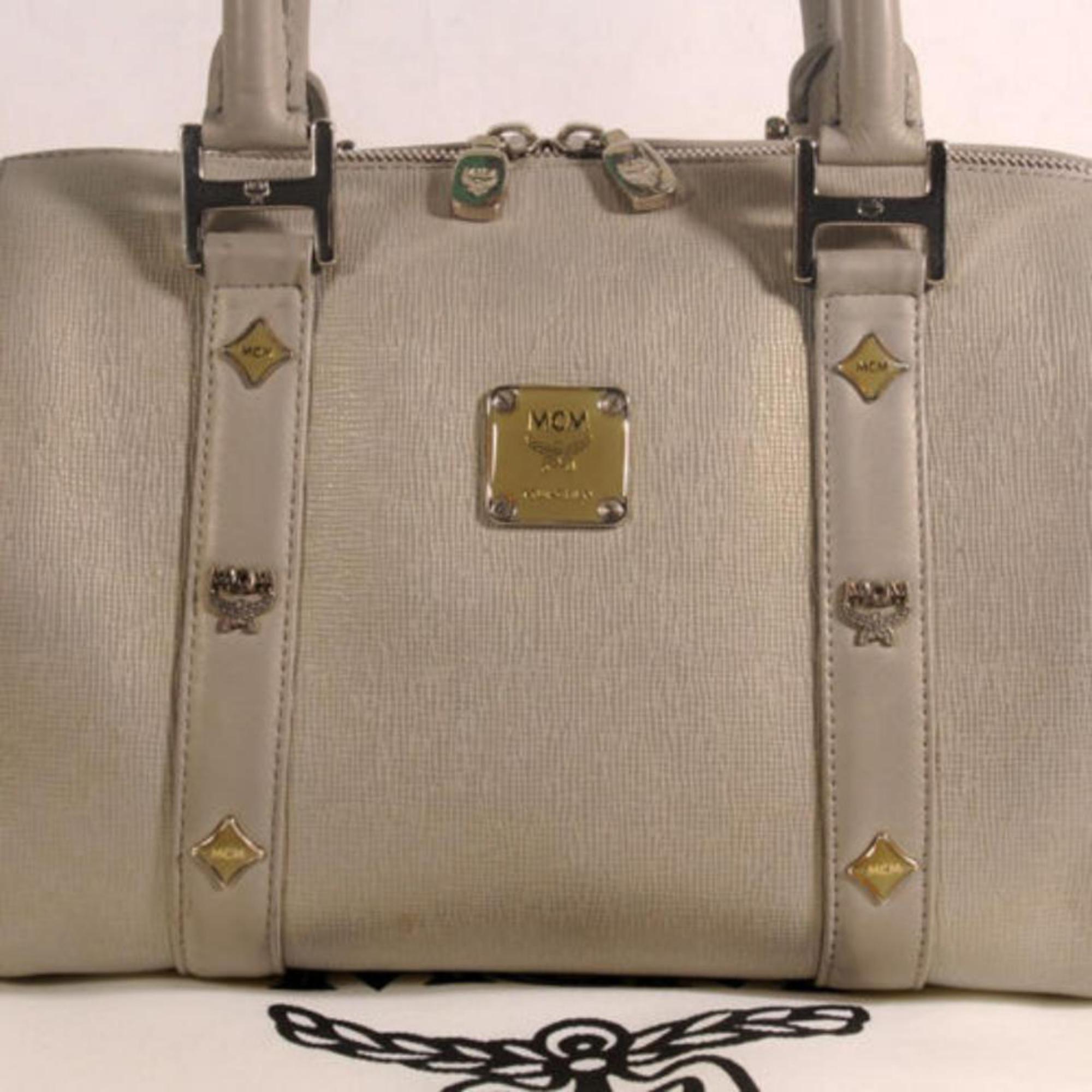 MCM Studded Saffiano Boston 868498 Grey Leather Tote For Sale 3