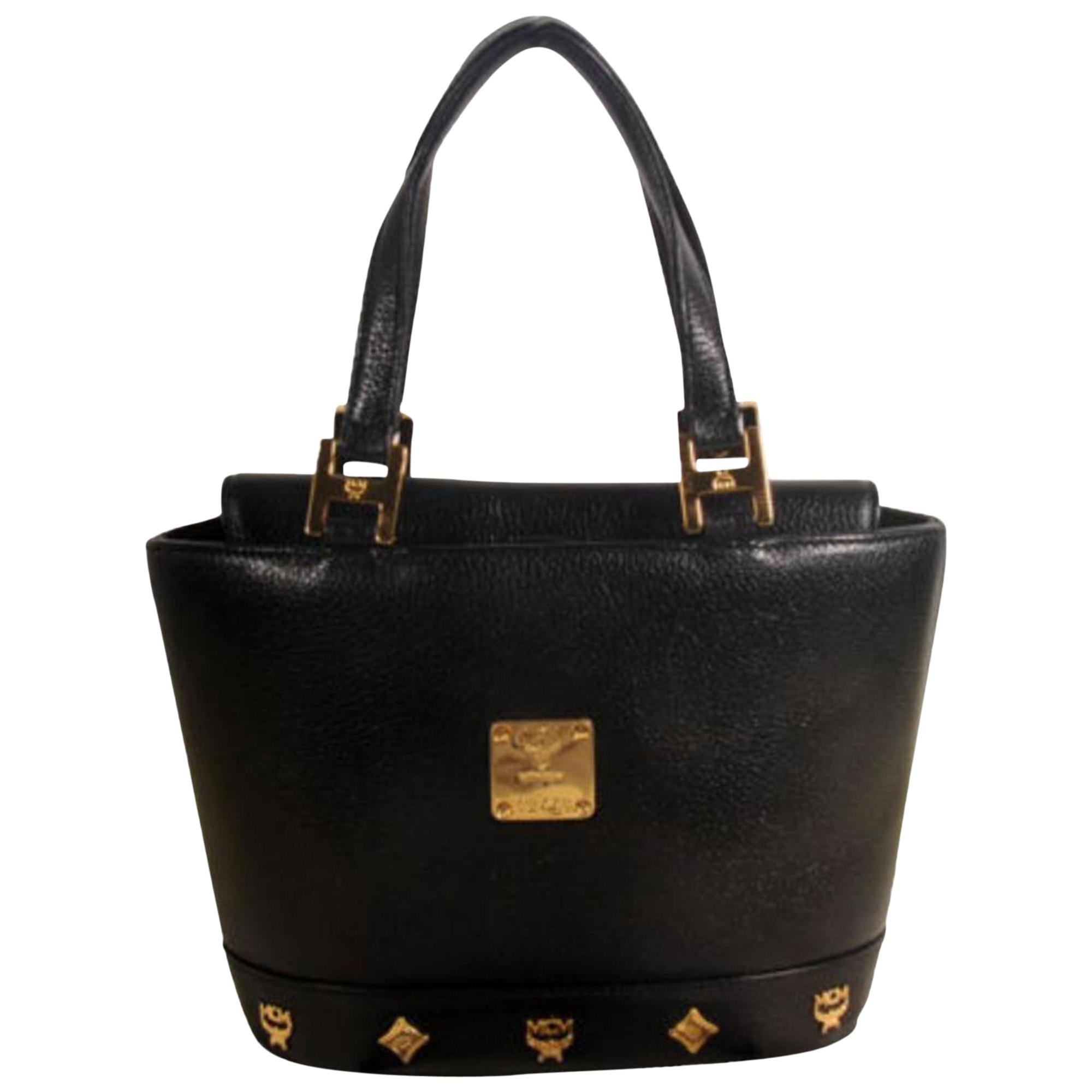 MCM Studded Tote 869441 Black Leather Shoulder Bag For Sale