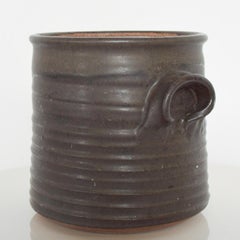 California Studio Art Pottery Stoneware Jar with Lid Handled Pot 1960s signed