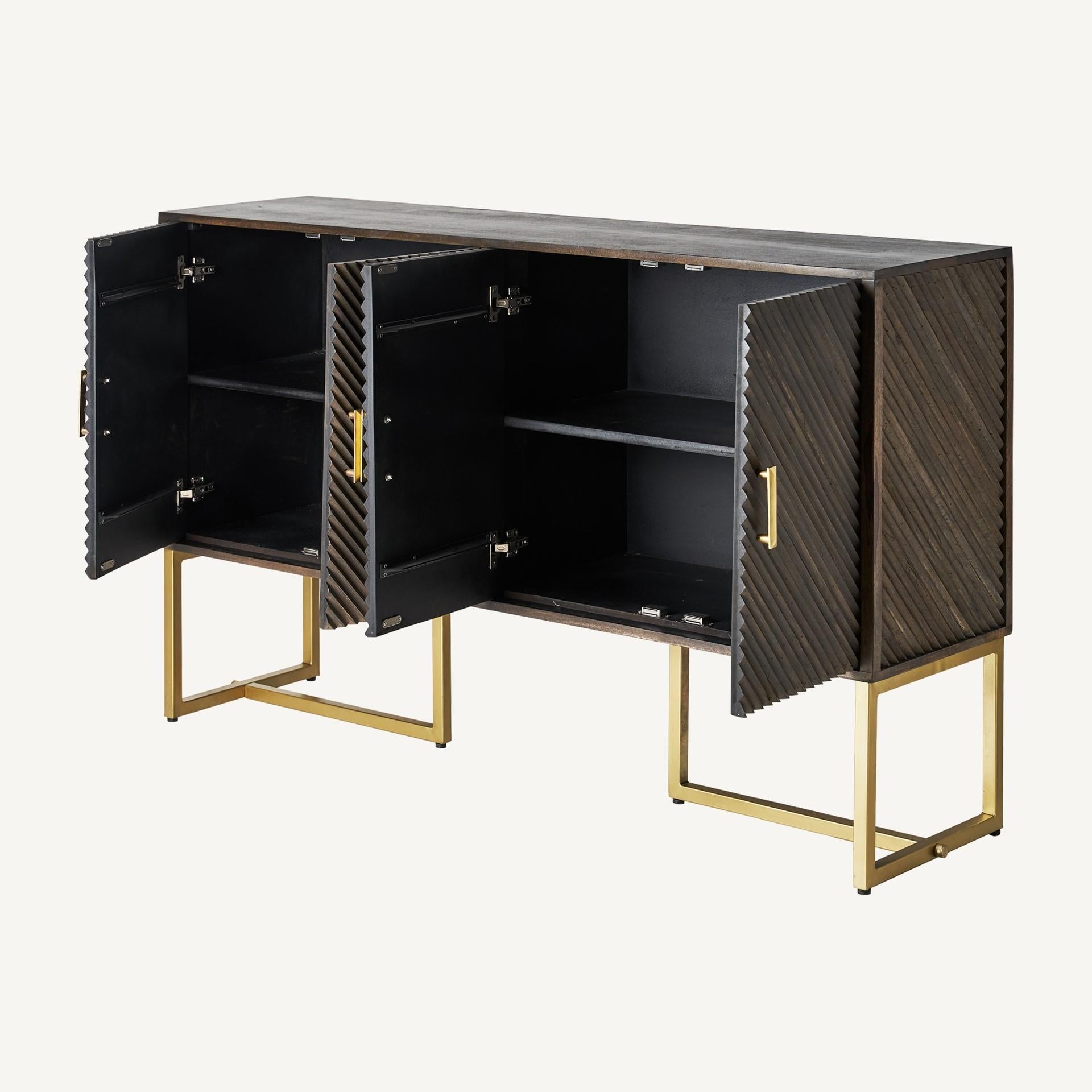 Wooden sideboard with sleek design, gild patina metal and subtle work of panels doors.