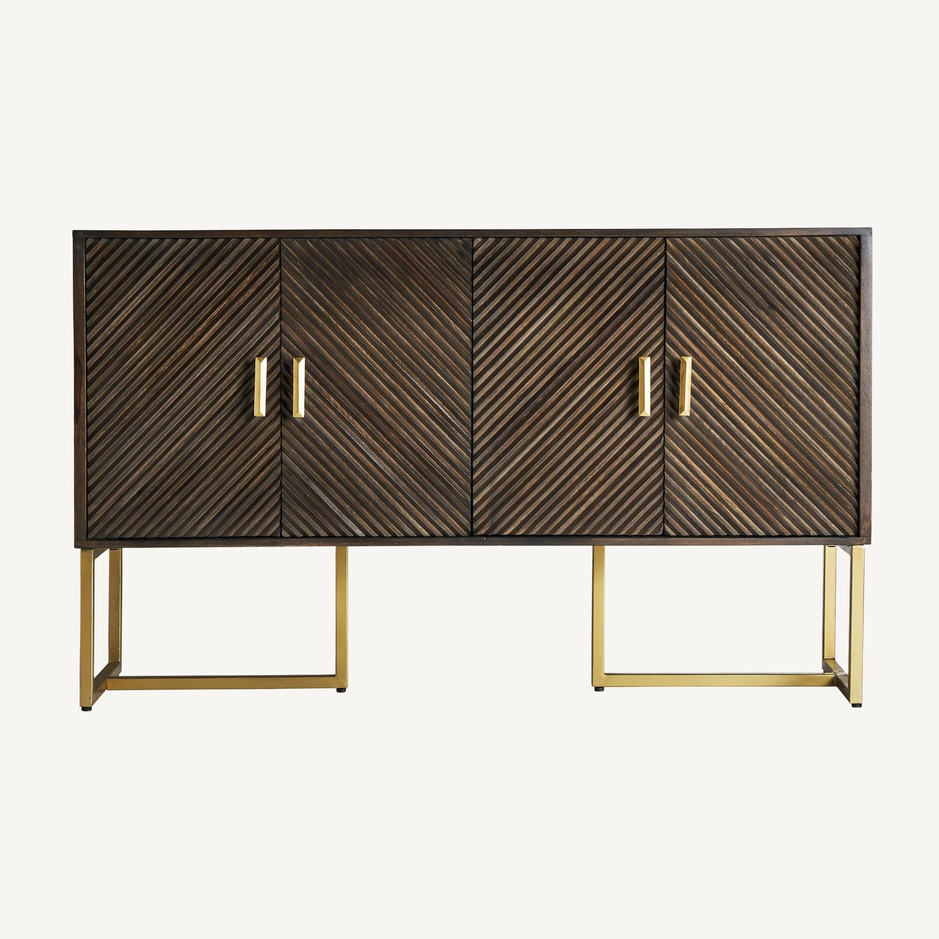 Contemporary MCM Style and Brutalist Design Wooden and Gilded Metal Sideboard For Sale