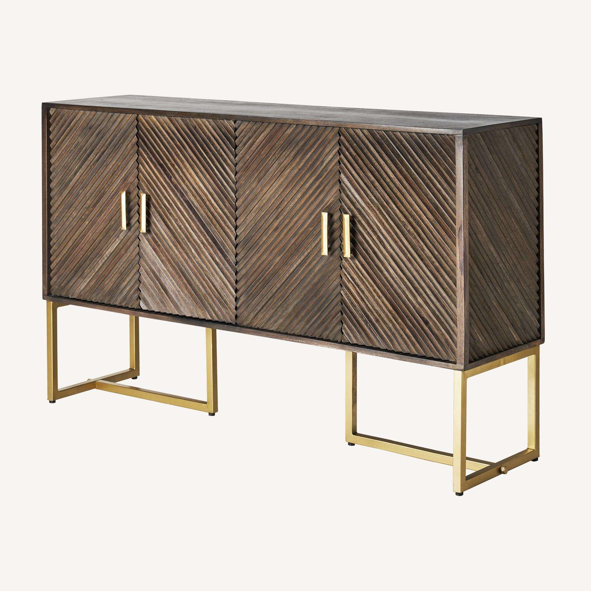 MCM Style and Brutalist Design Wooden and Gilded Metal Sideboard For Sale 1