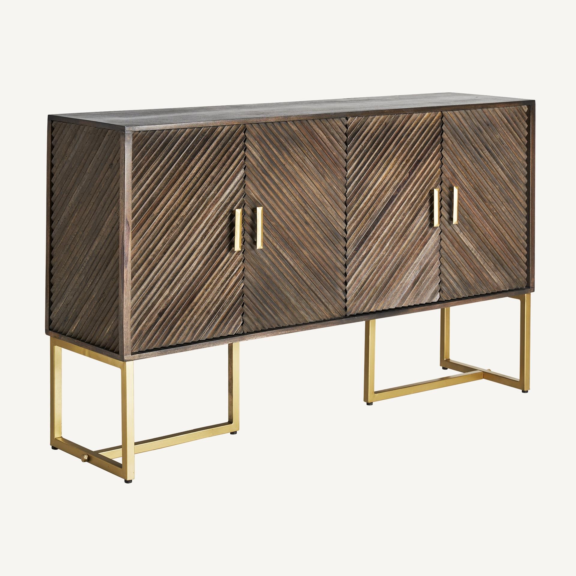 MCM Style and Brutalist Design Wooden and Gilded Metal Sideboard For Sale 2