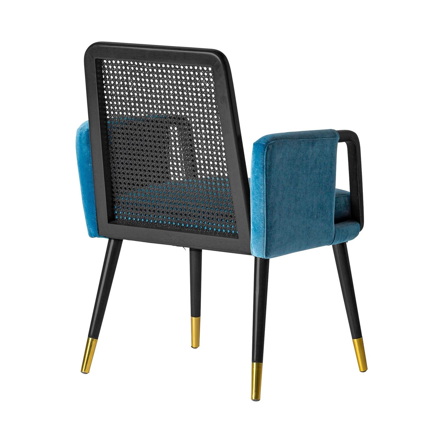 MCM Design Style black lacquered woven wicker cane and black lacquered walnut wooden with gilded metal finished adorned with blue velvet seat. Around the dining table, it will be perfect around your desk too!
 