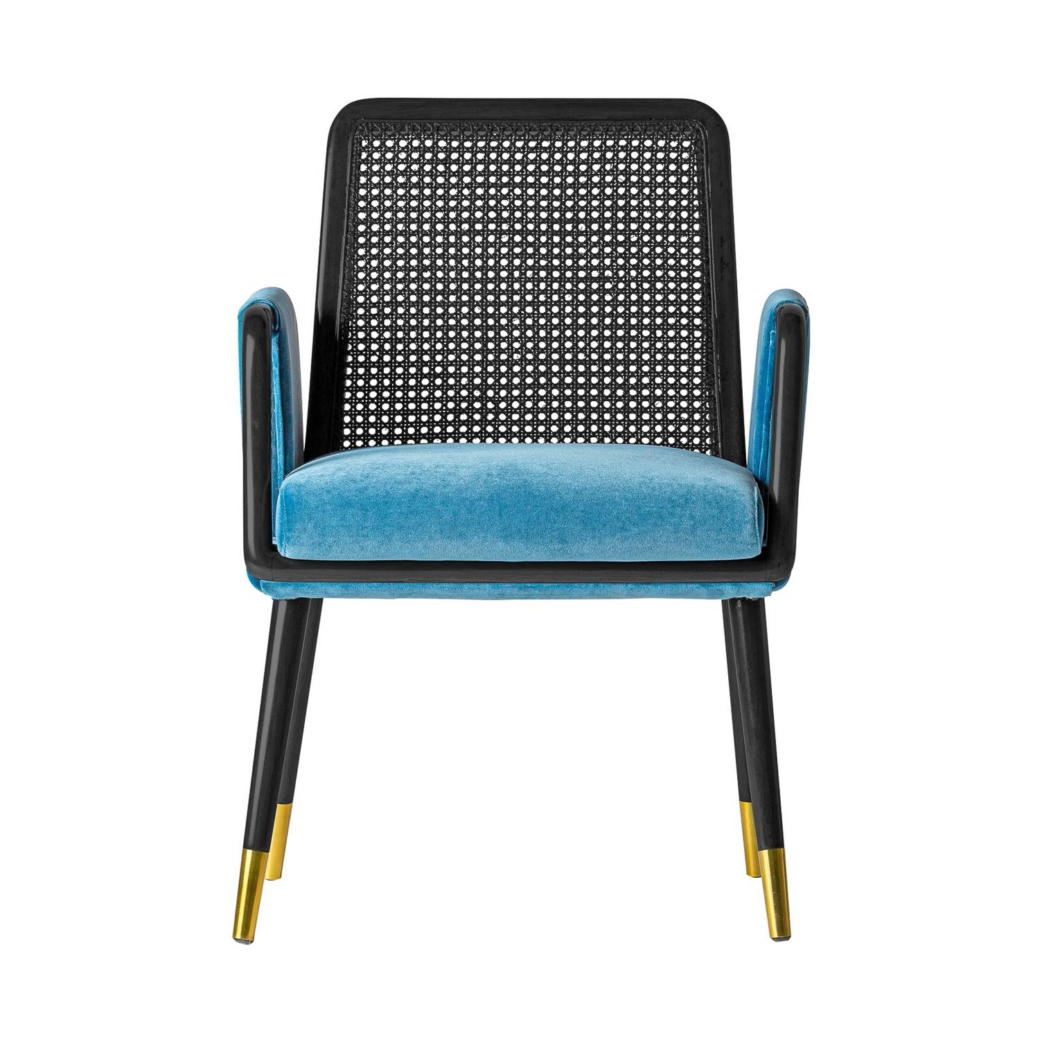 Contemporary MCM Style Black Lacquer Walnut and Black Lacquer Cane with Blue Velvet Chair