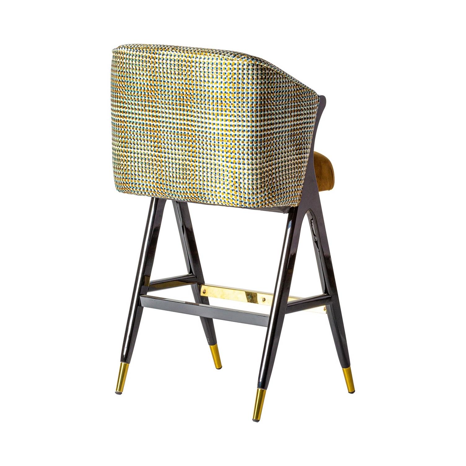 Black lacquer wooden feet with brass finish and psychedelic velvet bar stool in a Mid-Century Modern style.