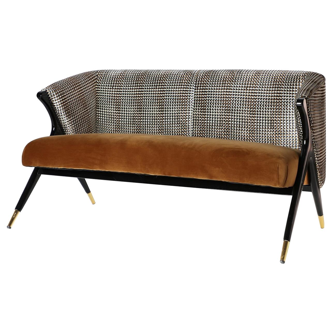 Mid-Century Modern Style Black Lacquer Wooden and Velvet Sofa