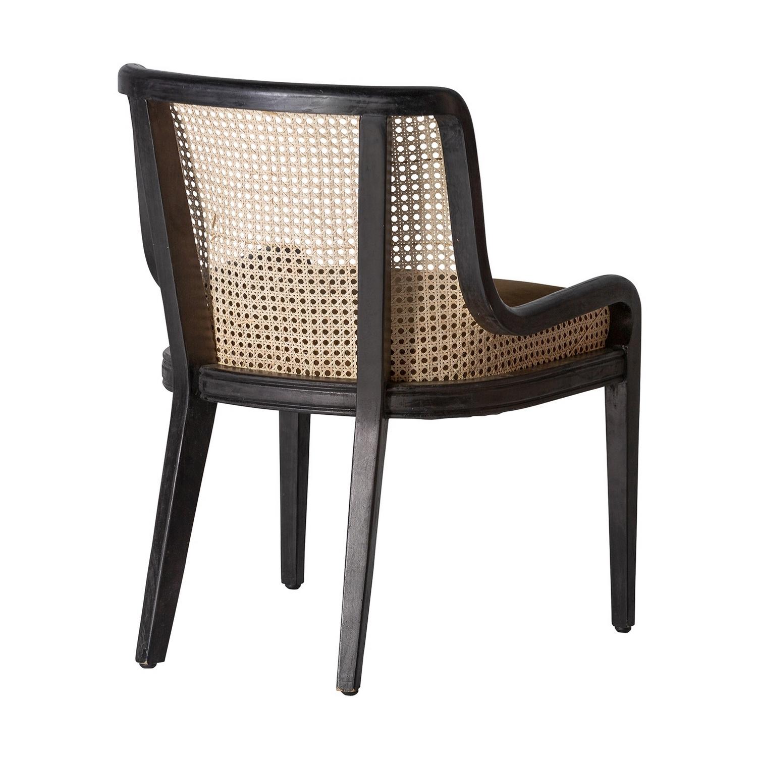 MCM Design style black lacquered and curved wooden structure adorned with a rattan wicker cane back and velvet seat. Around the dining table, it will be perfect around your desk too!