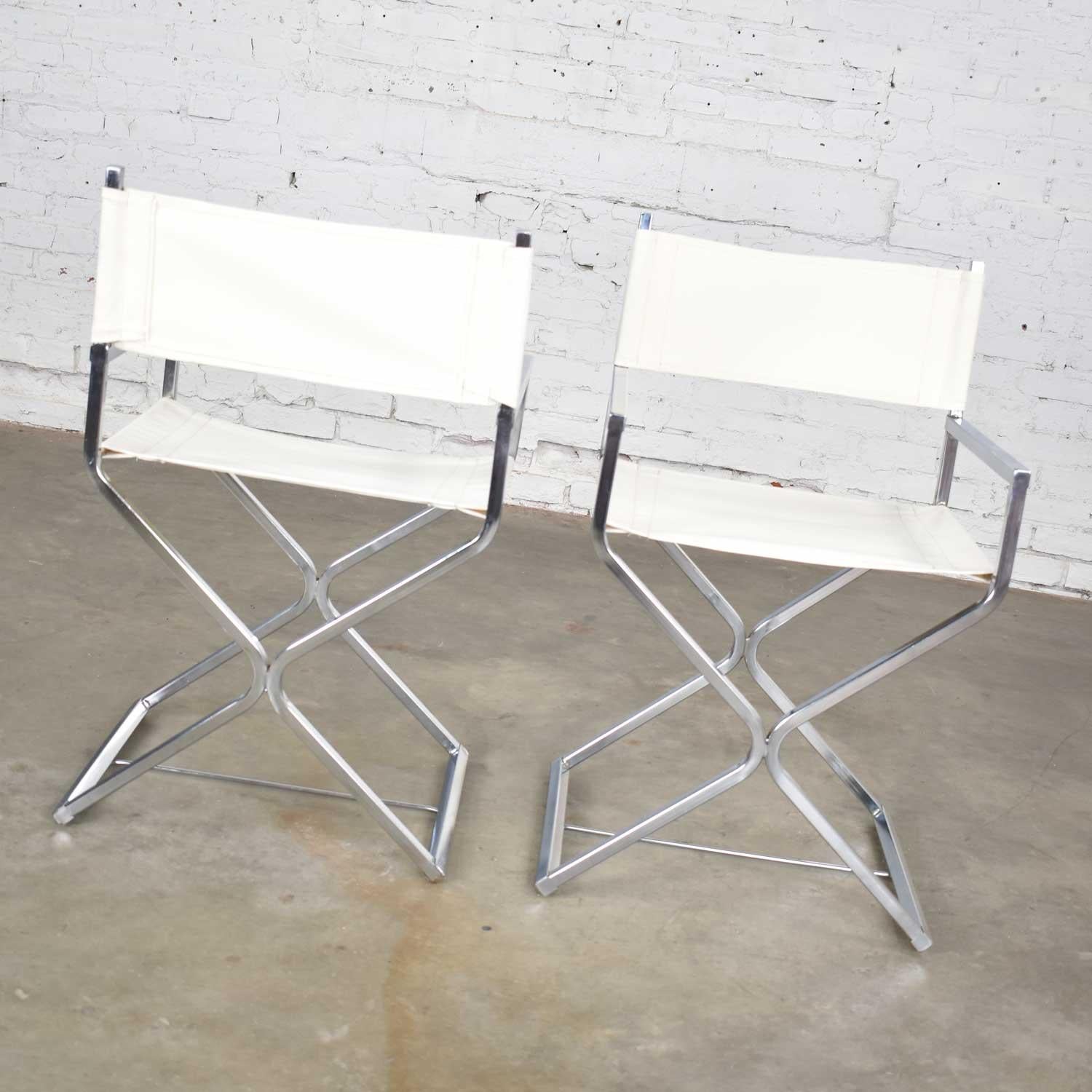 Canvas MCM Style Directors Chairs White Chrome Attr Robert Kjer Jakobsen & Virtue Bros For Sale