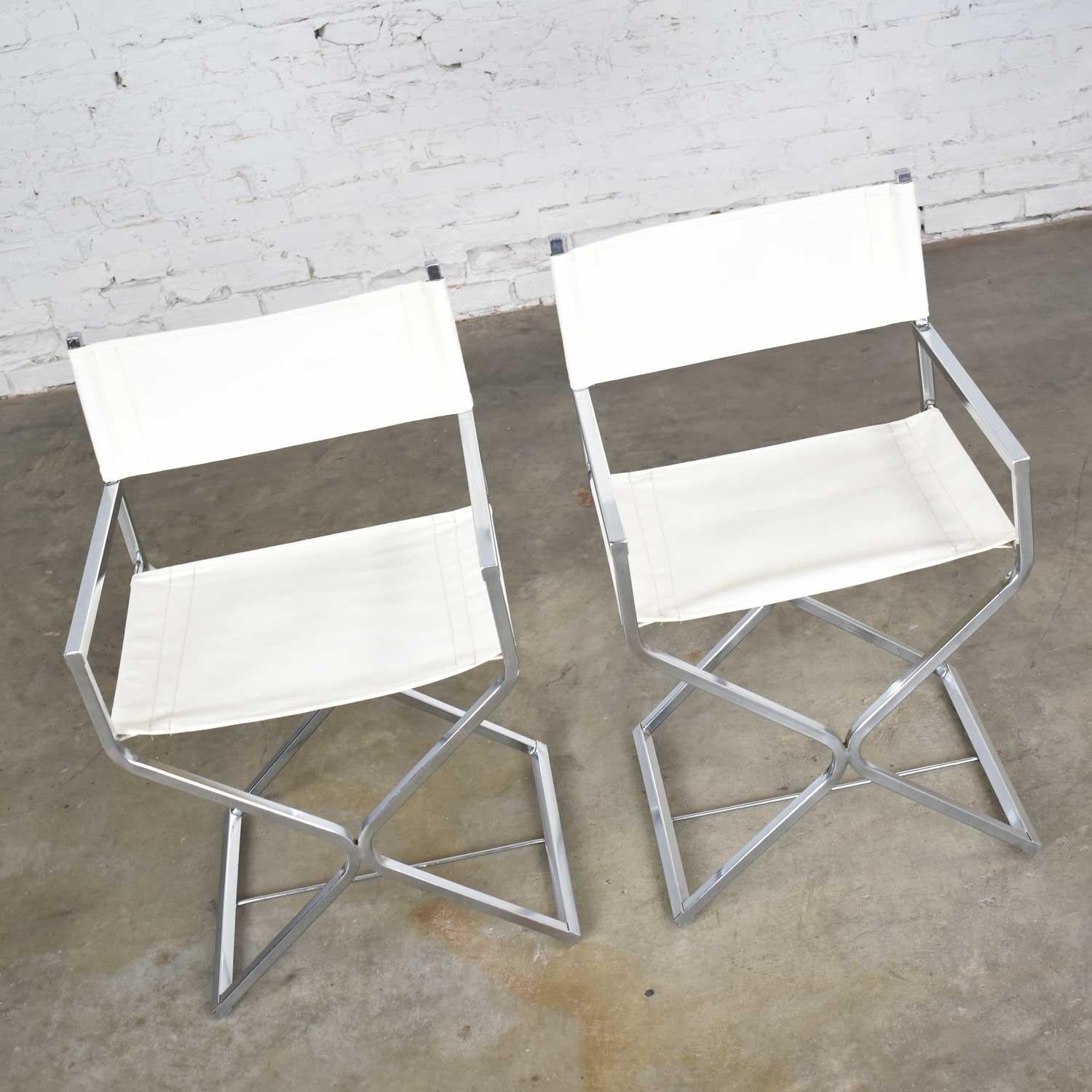 MCM Style Directors Chairs White Chrome Attr Robert Kjer Jakobsen & Virtue Bros In Good Condition For Sale In Topeka, KS