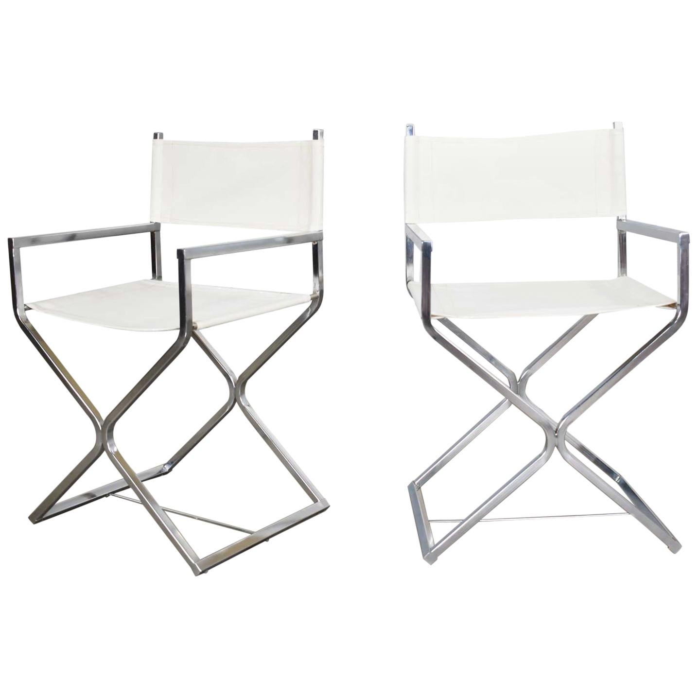 MCM Style Directors Chairs White Chrome Attr Robert Kjer Jakobsen & Virtue Bros For Sale