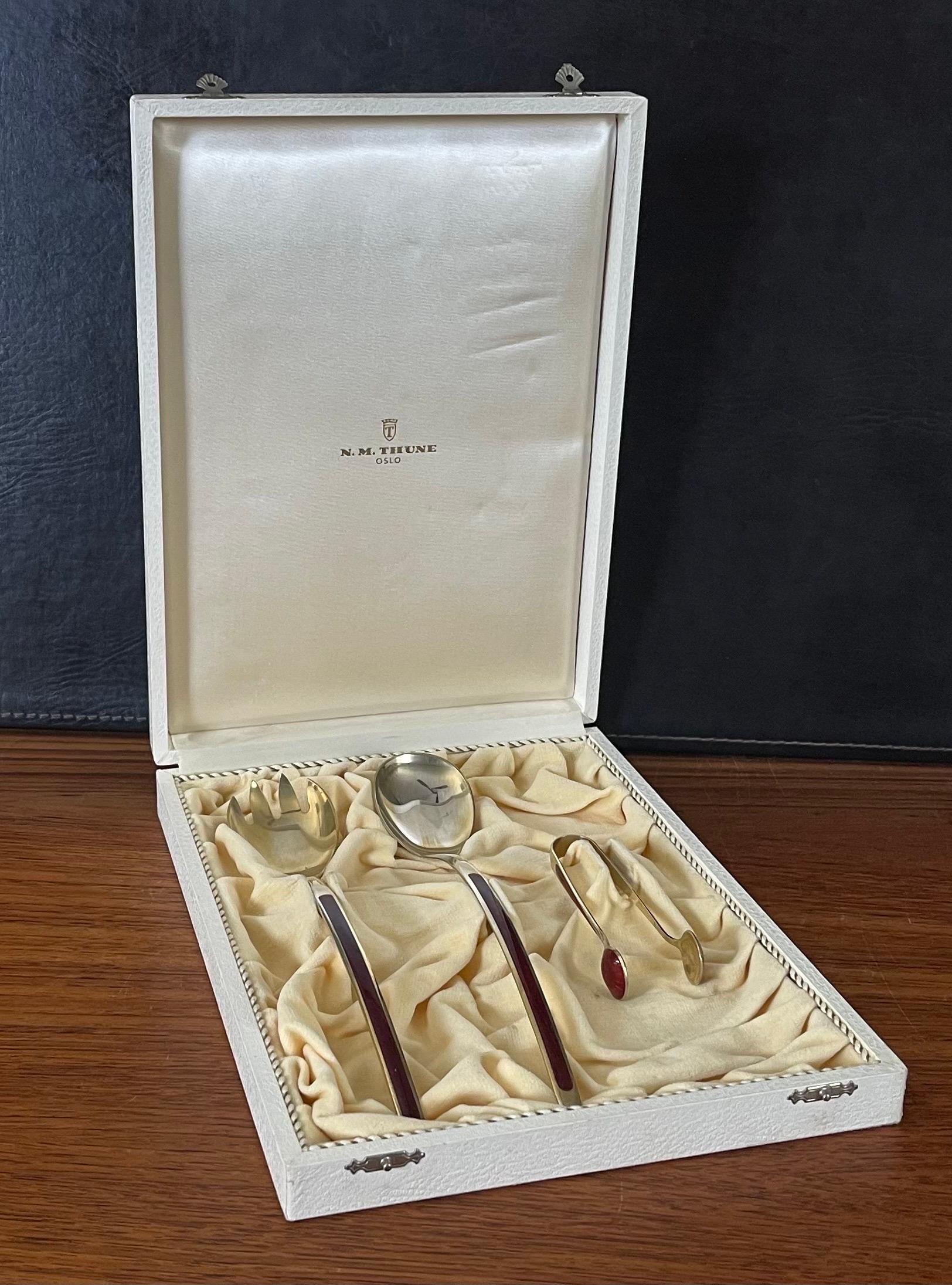 MCM Stylized Set of Salad Servers in Sterling Silver and Enamel by N.M. Thune For Sale 8