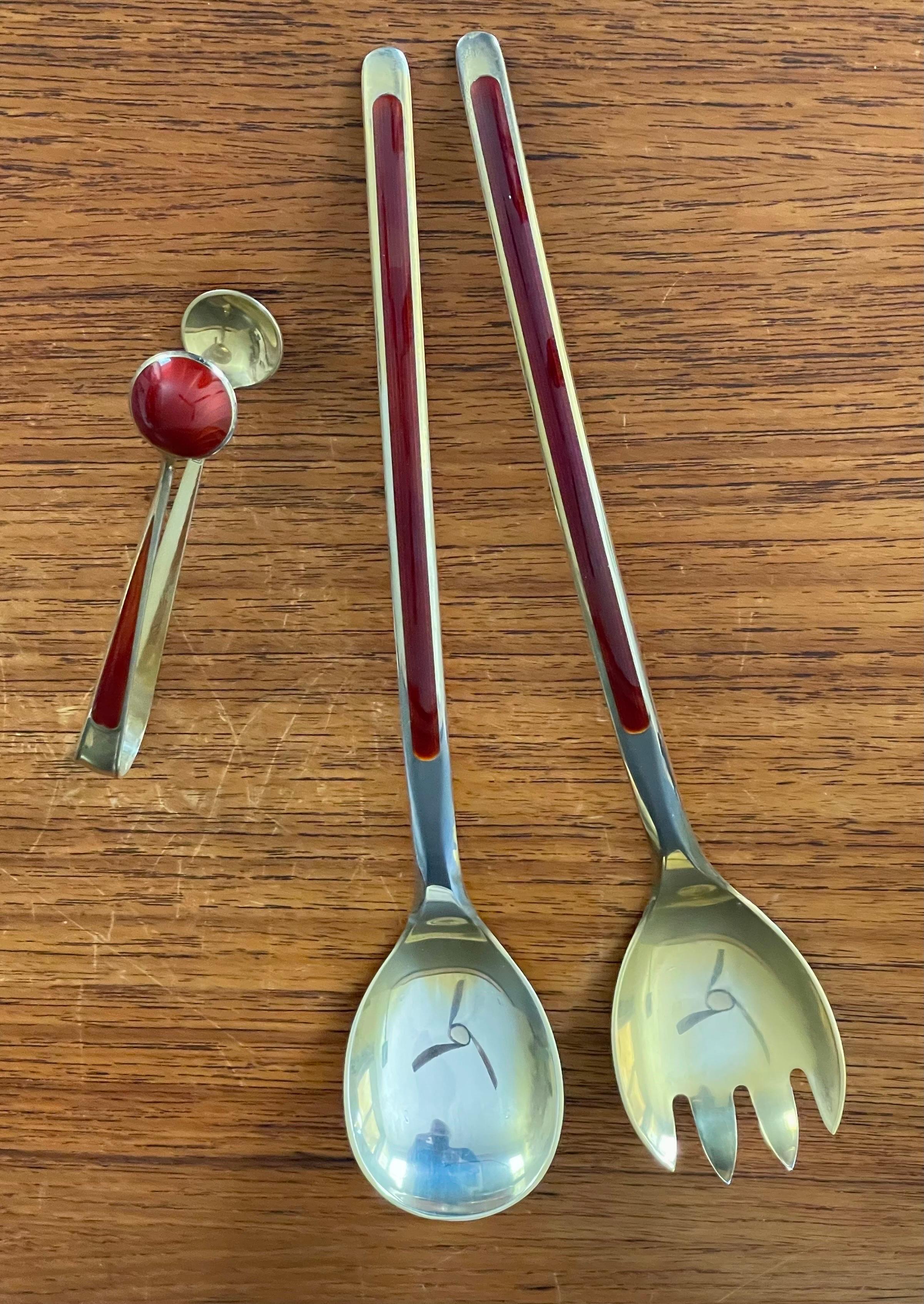 Scandinavian Modern MCM Stylized Set of Salad Servers in Sterling Silver and Enamel by N.M. Thune For Sale