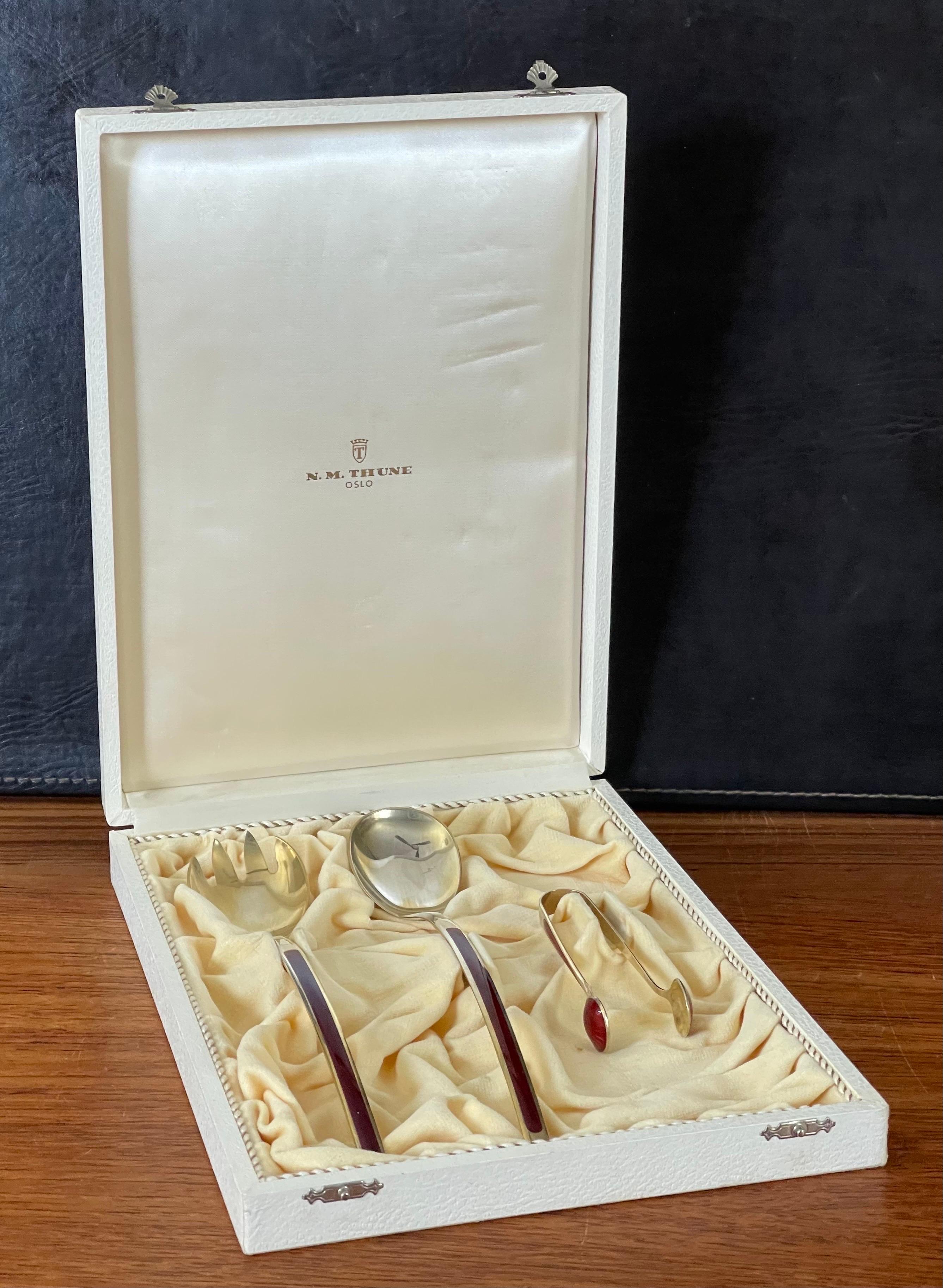 Norwegian MCM Stylized Set of Salad Servers in Sterling Silver and Enamel by N.M. Thune For Sale