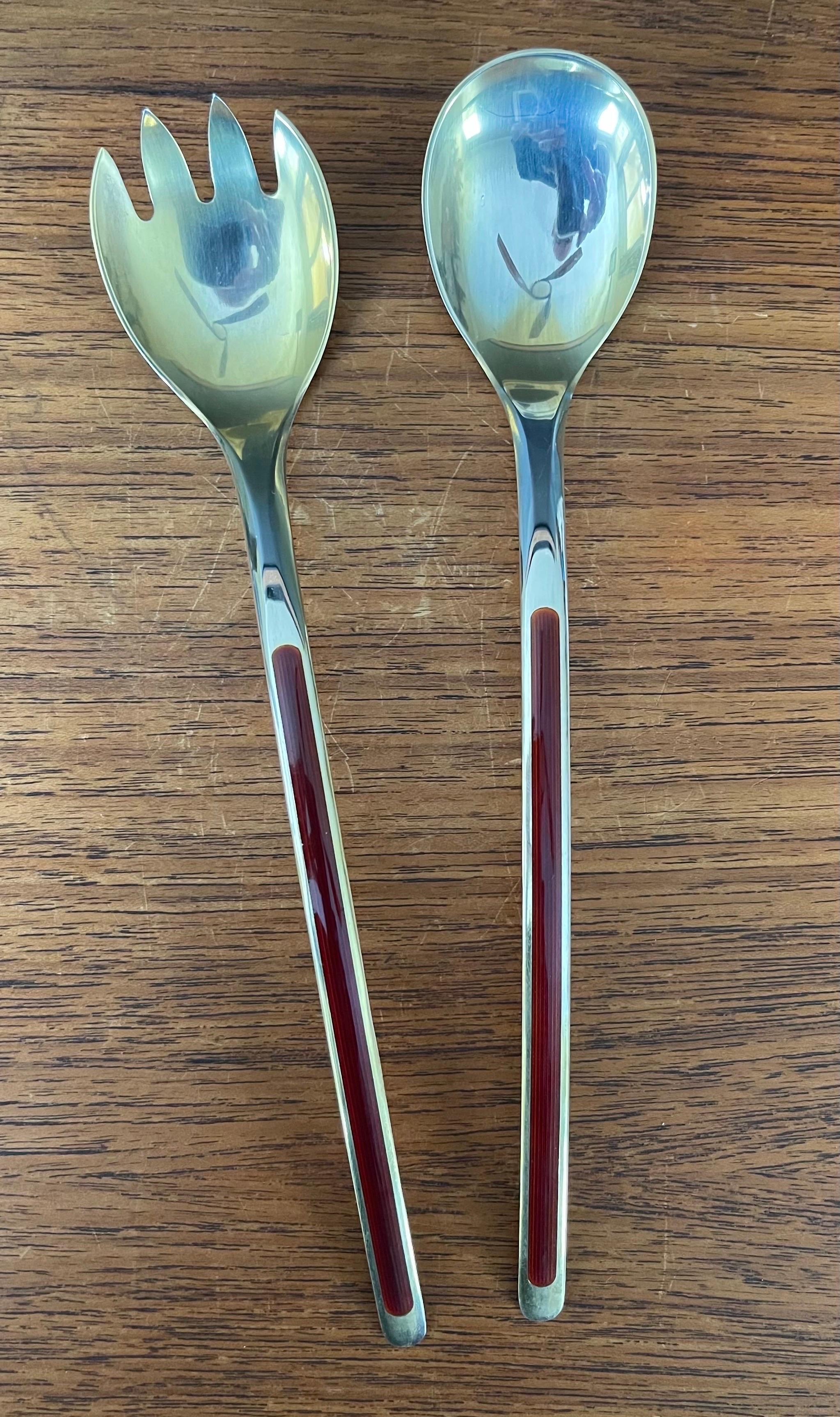 20th Century MCM Stylized Set of Salad Servers in Sterling Silver and Enamel by N.M. Thune For Sale