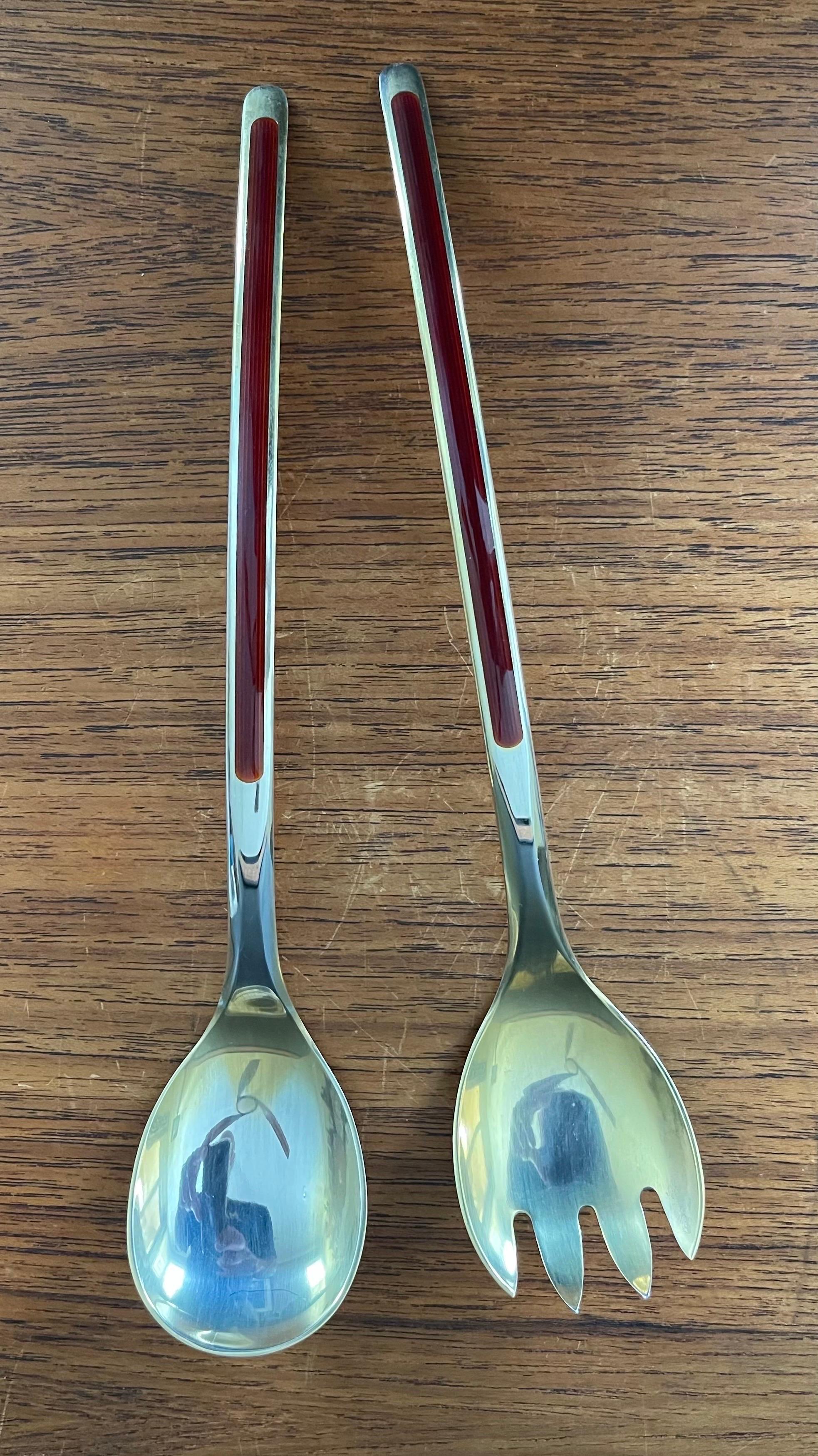 MCM Stylized Set of Salad Servers in Sterling Silver and Enamel by N.M. Thune For Sale 1