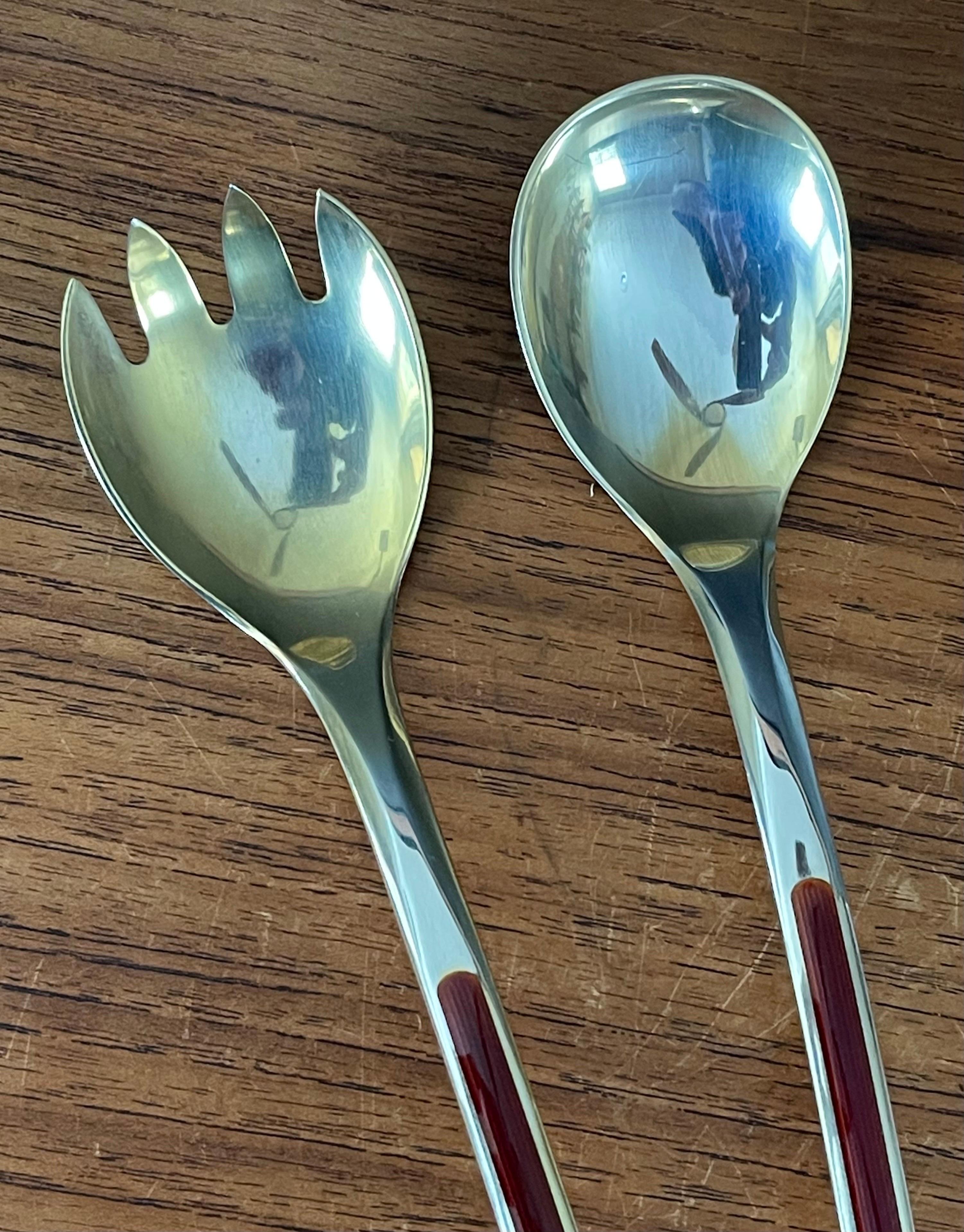 MCM Stylized Set of Salad Servers in Sterling Silver and Enamel by N.M. Thune For Sale 3