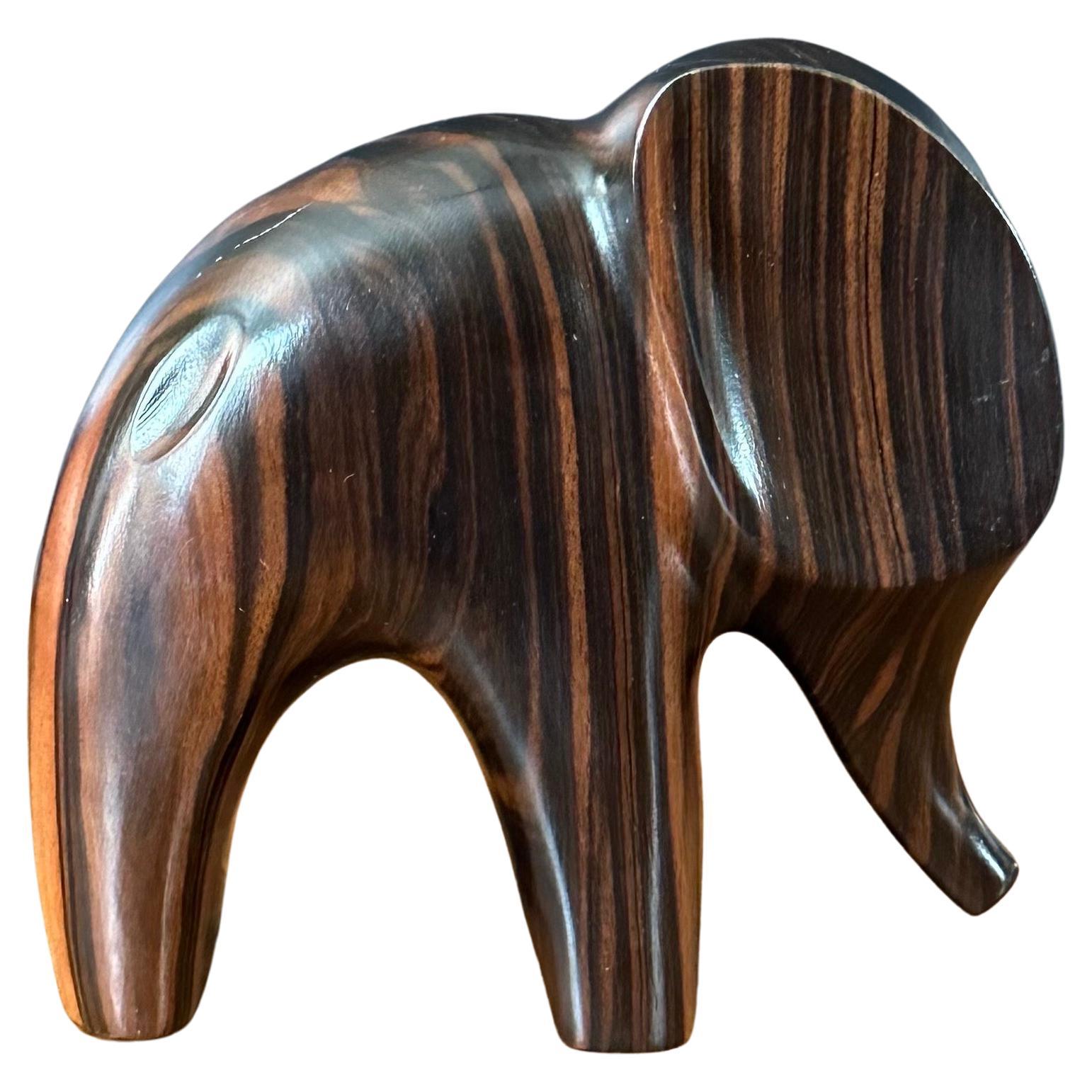 MCM Stylized Zebra Wood Elephant Sculpture