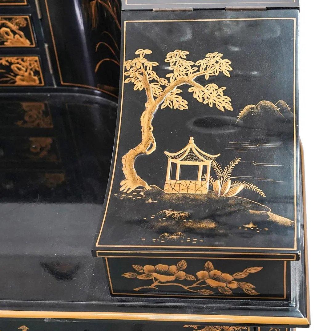 MCM Superb Japanned or Chinoiserie Lacquer Carlton House Desk & Matching Chair In Good Condition In Charleston, SC