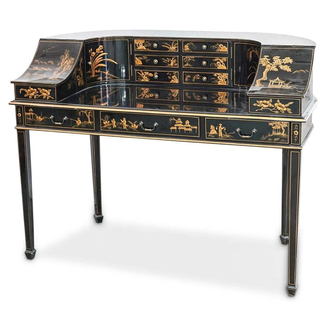 20th Century MCM Superb Japanned or Chinoiserie Lacquer Carlton House Desk & Matching Chair