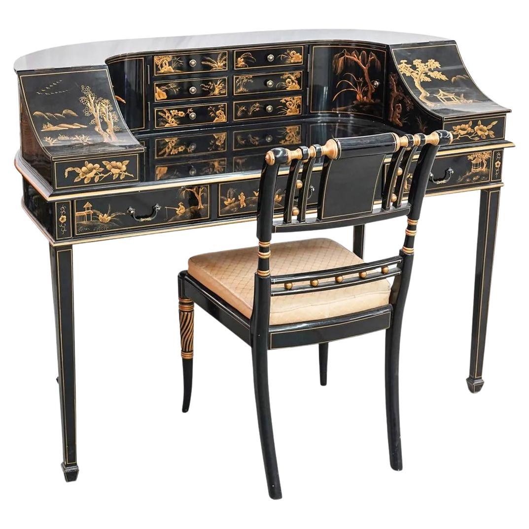 MCM Superb Japanned or Chinoiserie Lacquer Carlton House Desk & Matching Chair