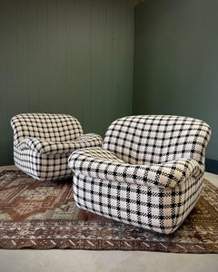 Pair of MCM Swivel Armless Lounge Chairs With Chanel Inspired Woven Textile