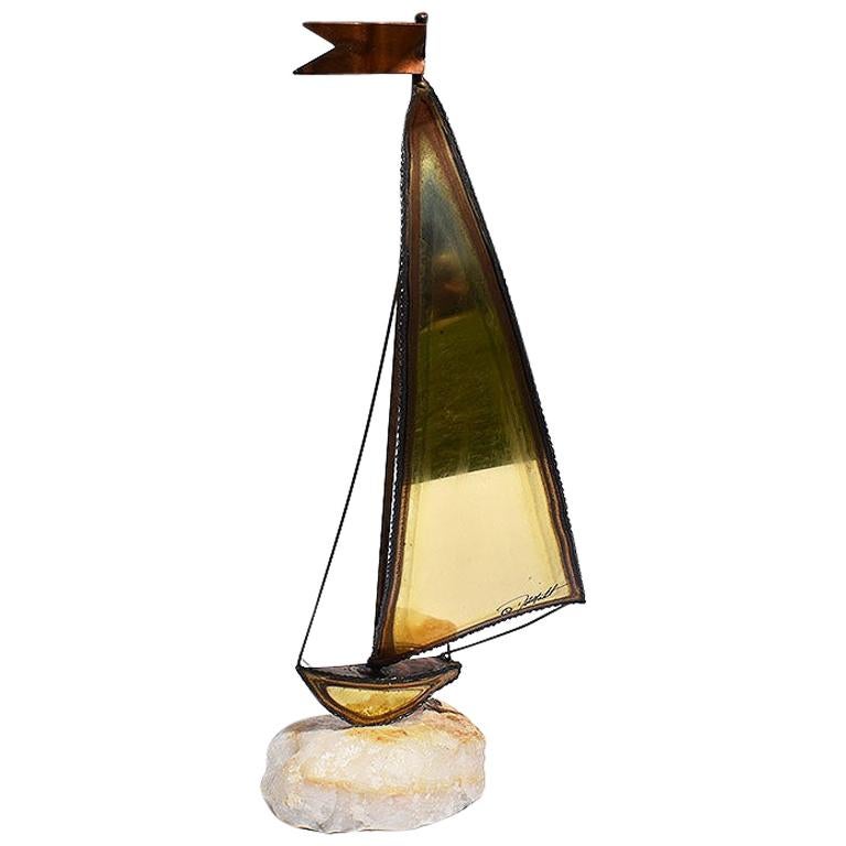 MCM Tall Brass Copper and Onyx Sailboat Nautical or Maritime Sculpture, Demott