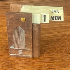 MCM Teak Perpetual Desk Flip Calendar, Security Pacific Bank
