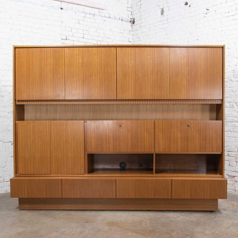 MCM Teak Veneer German Shrunk Wall Unit Secretary Liquor 2Piece For Sale at 1stDibs