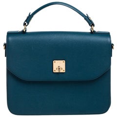 MCM Teal Leather Flap Top Handle Bag